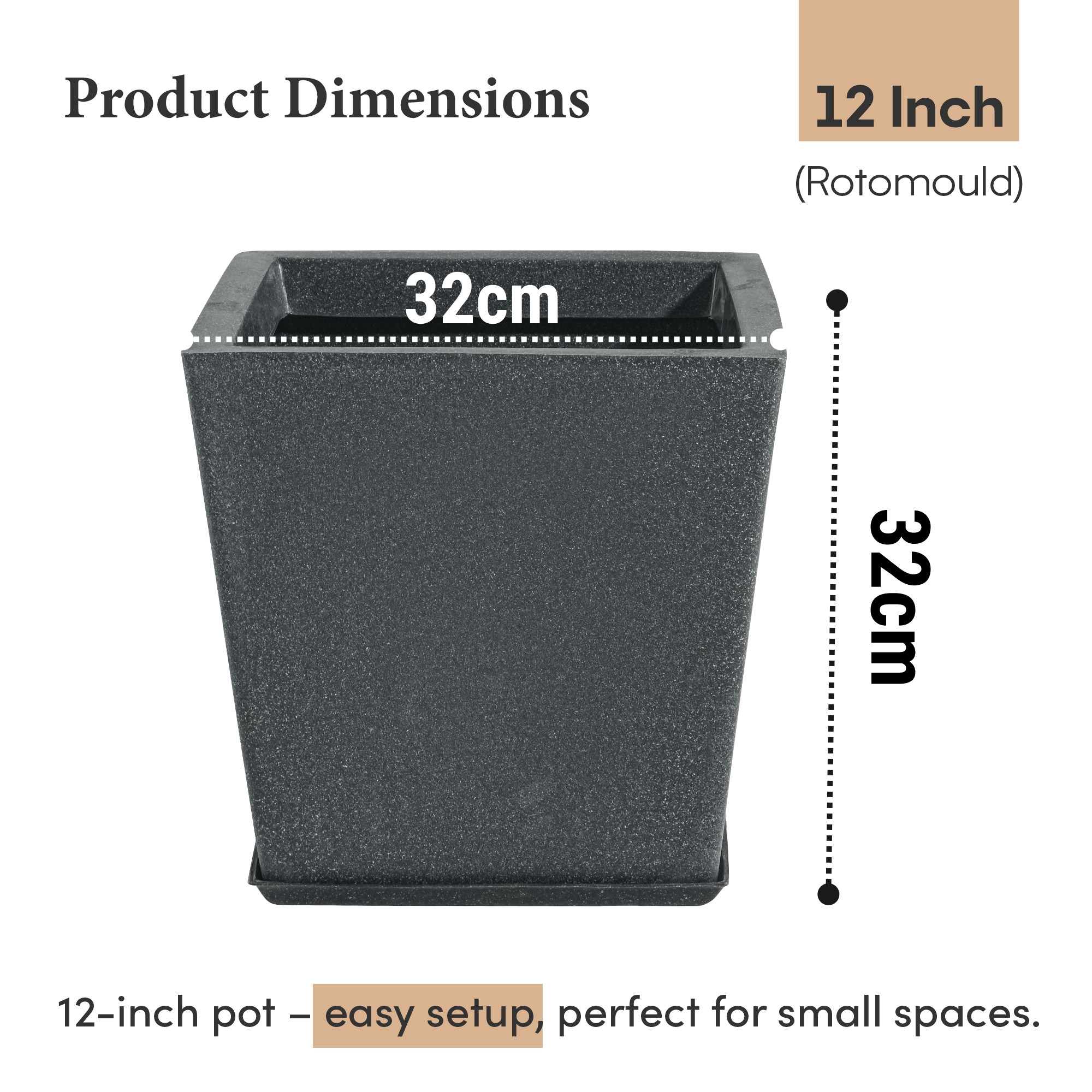 Kuber Industries Rotomould Square Flower Pot 12 Inch with Tray  Large Indoor Outdoor Planter for Home Balcony Garden Drainage Hole  Bent Block - Grey