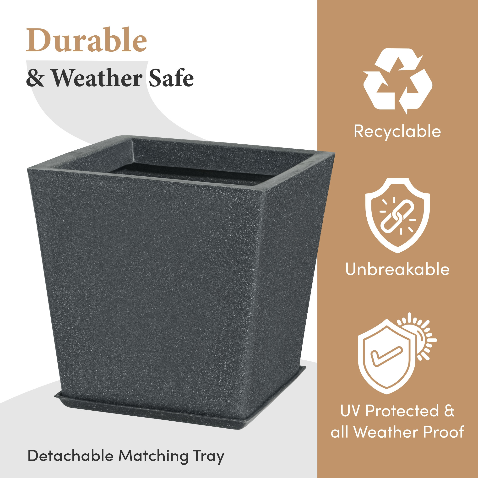 Kuber Industries Rotomould Square Flower Pot 12 Inch with Tray  Large Indoor Outdoor Planter for Home Balcony Garden Drainage Hole  Bent Block - Grey