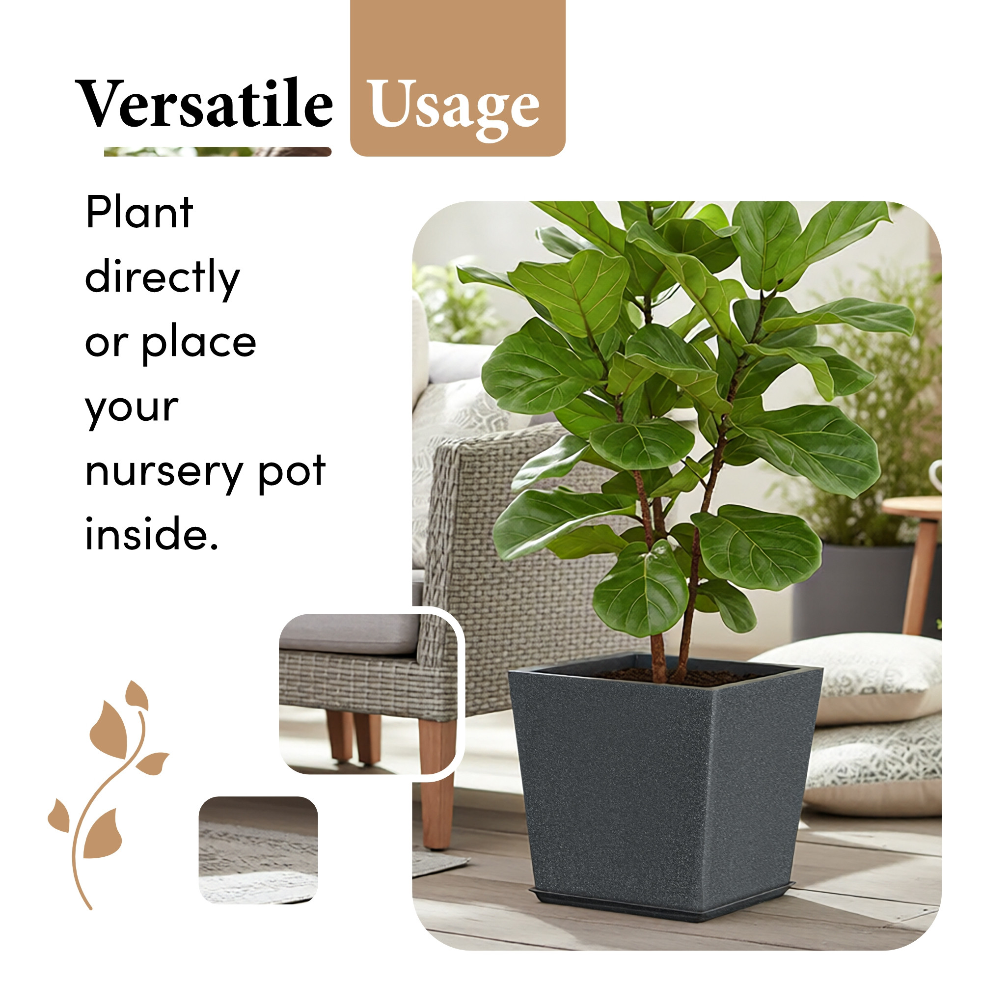 Kuber Industries Rotomould Square Flower Pot 12 Inch with Tray  Large Indoor Outdoor Planter for Home Balcony Garden Drainage Hole  Bent Block - Grey