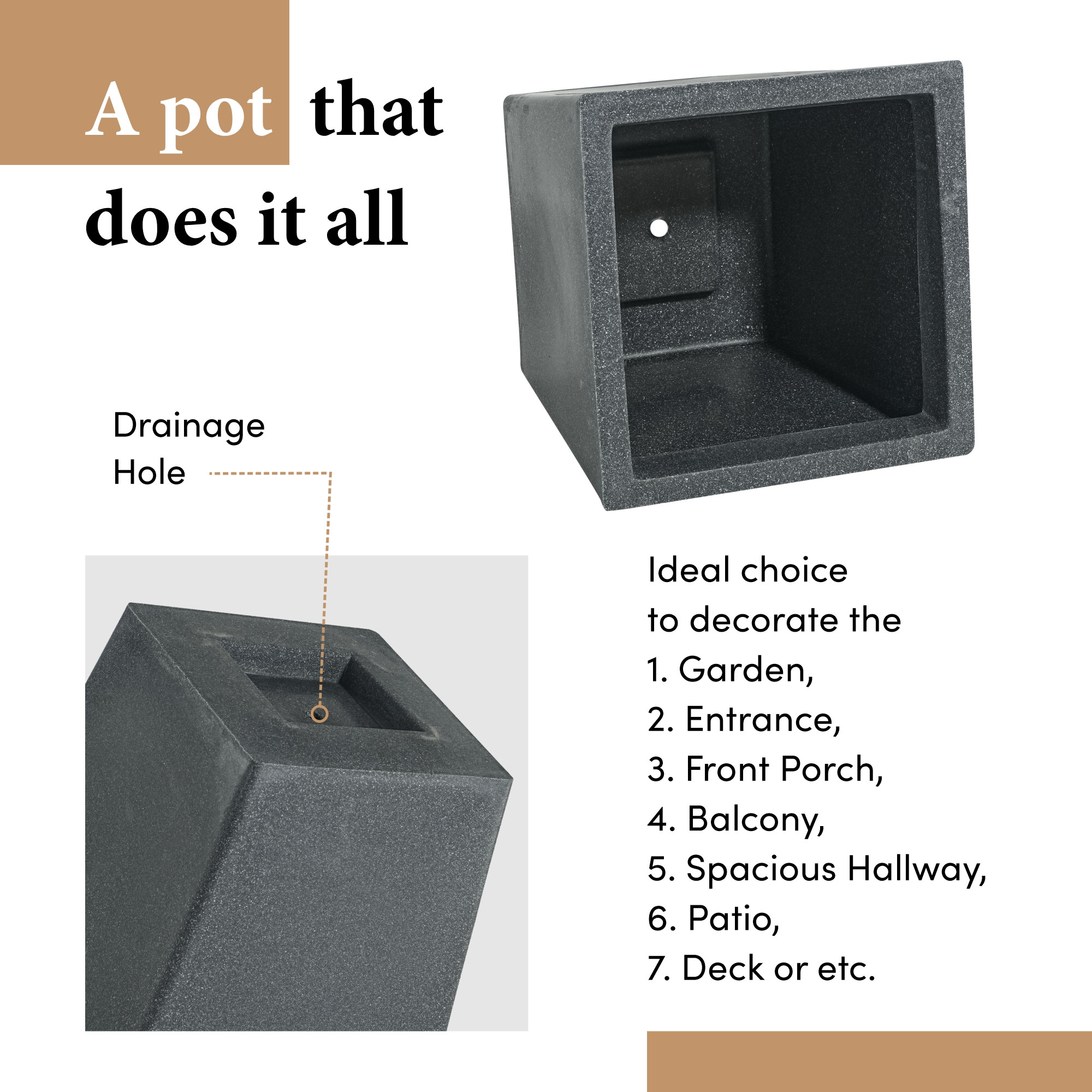 Kuber Industries Rotomould Square Flower Pot 12 Inch with Tray  Large Indoor Outdoor Planter for Home Balcony Garden Drainage Hole  Bent Block - Grey