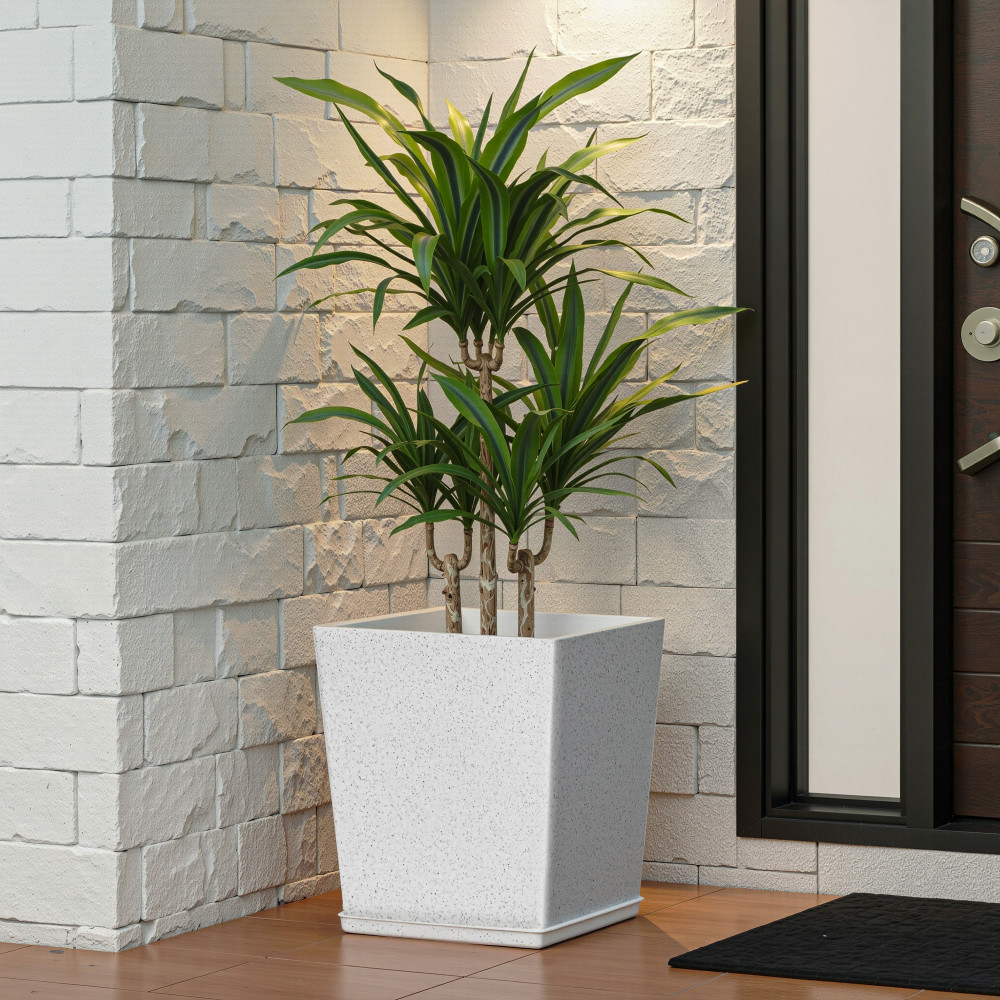 Image of Rotomould Square Flower Pot 12 Inch with Tray | Large Indoor Outdoor Planter for Home Balcony Garden, Drainage Hole | Bent Block - White