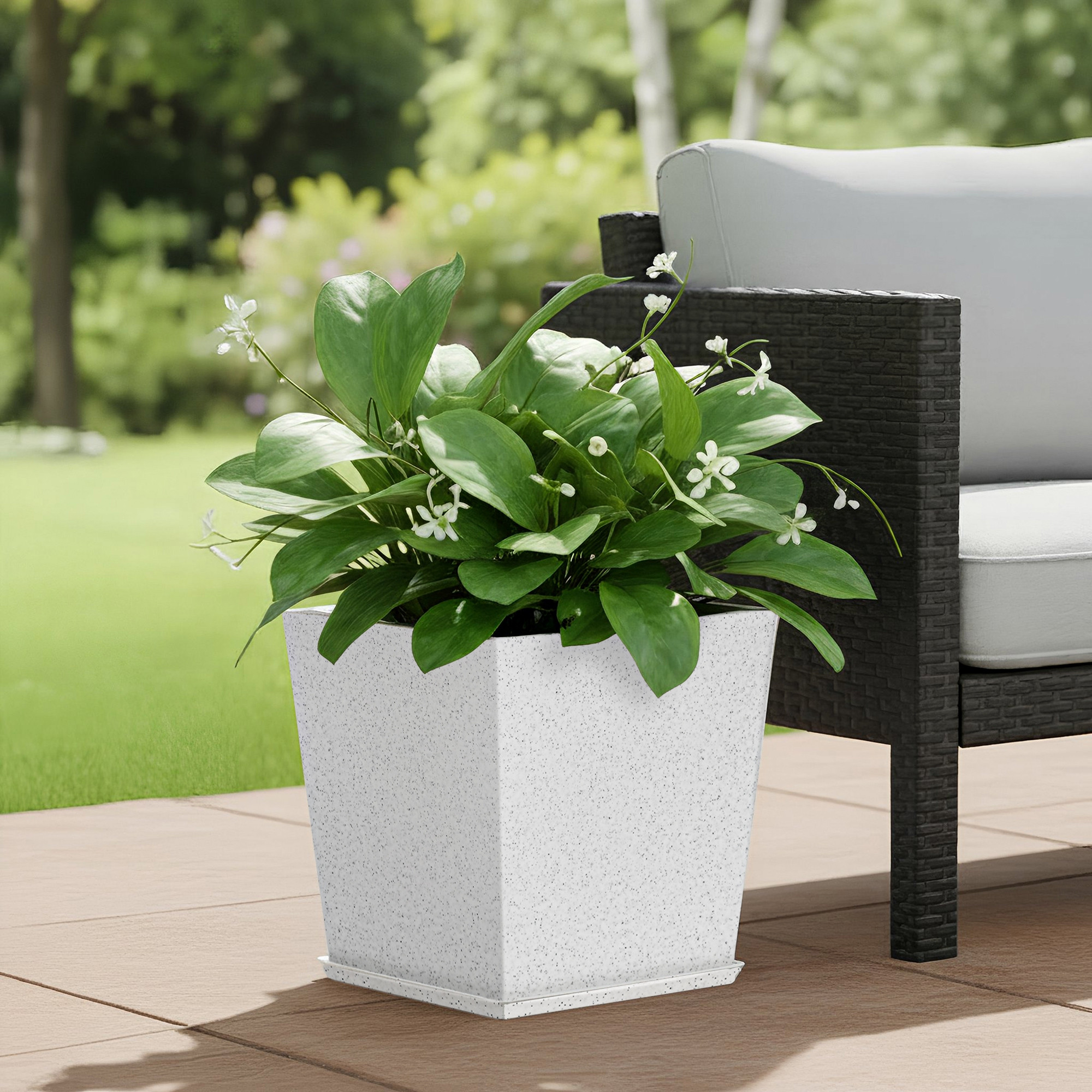 Kuber Industries Rotomould Square Flower Pot 12 Inch with Tray  Large Indoor Outdoor Planter for Home Balcony Garden Drainage Hole  Bent Block - White