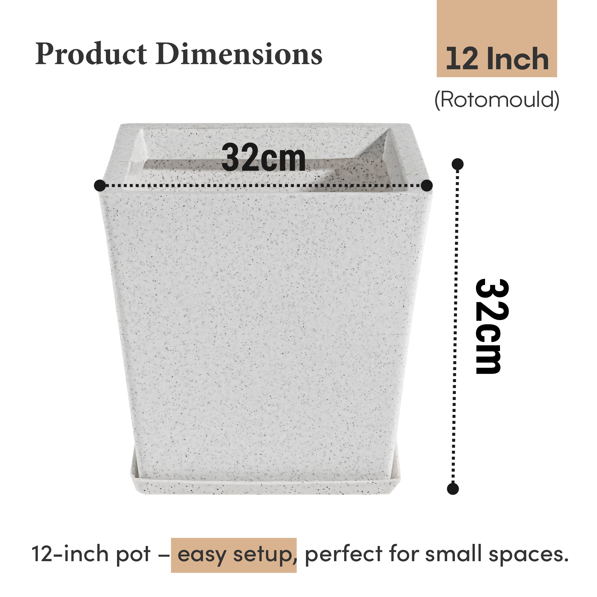 Kuber Industries Rotomould Square Flower Pot 12 Inch with Tray  Large Indoor Outdoor Planter for Home Balcony Garden Drainage Hole  Bent Block - White