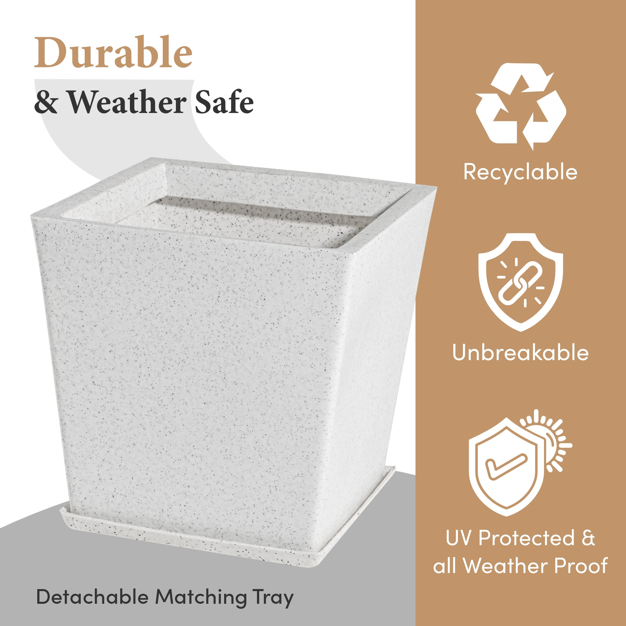 Kuber Industries Rotomould Square Flower Pot 12 Inch with Tray  Large Indoor Outdoor Planter for Home Balcony Garden Drainage Hole  Bent Block - White