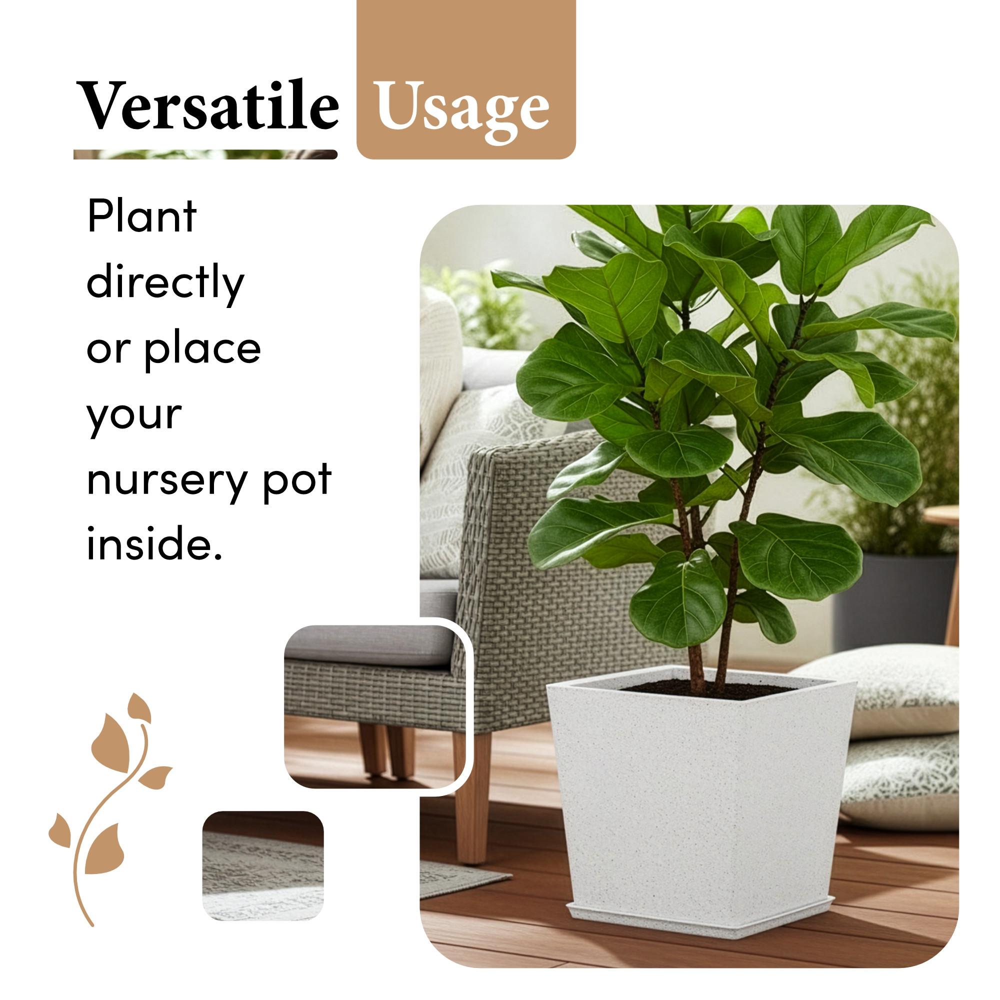 Kuber Industries Rotomould Square Flower Pot 12 Inch with Tray  Large Indoor Outdoor Planter for Home Balcony Garden Drainage Hole  Bent Block - White