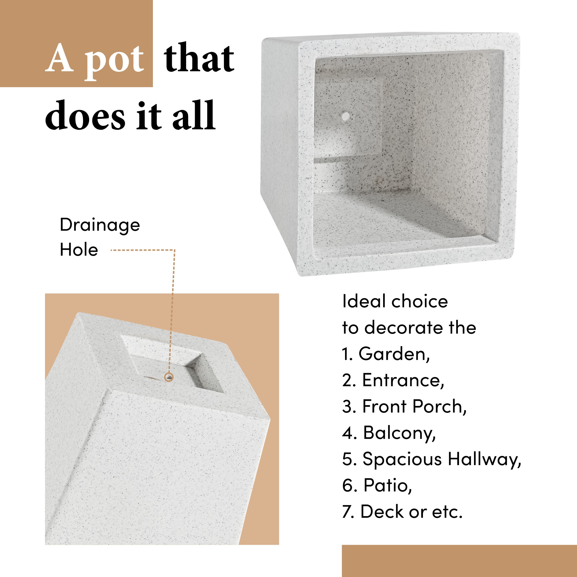 Kuber Industries Rotomould Square Flower Pot 12 Inch with Tray  Large Indoor Outdoor Planter for Home Balcony Garden Drainage Hole  Bent Block - White