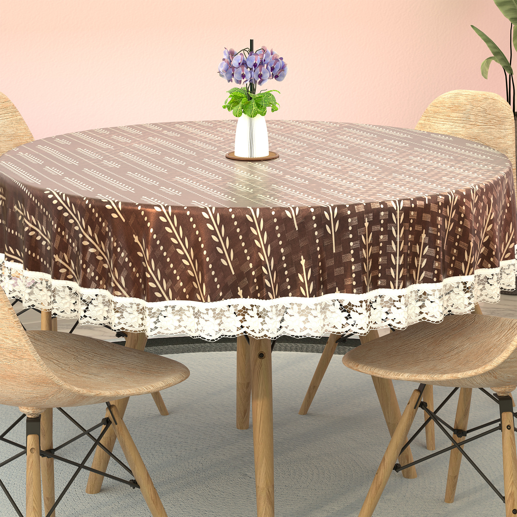 Kuber Industries Round 60x60 Inches Durable  Wipeable 4 Seater Dining Table Cover for Living Room  Anti Slip TeapoyComputer  Office Table ClothSheet  Lining Leaf - Cream  Brown