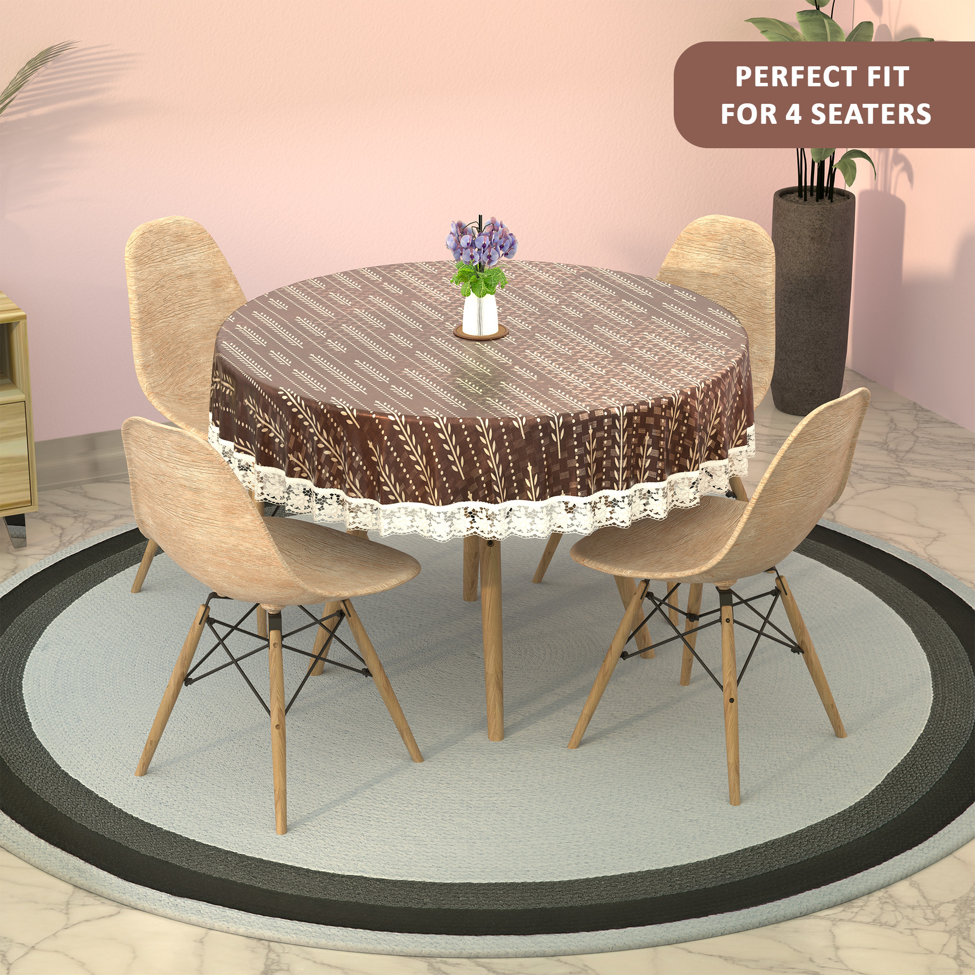 Kuber Industries Round 60x60 Inches Durable  Wipeable 4 Seater Dining Table Cover for Living Room  Anti Slip TeapoyComputer  Office Table ClothSheet  Lining Leaf - Cream  Brown
