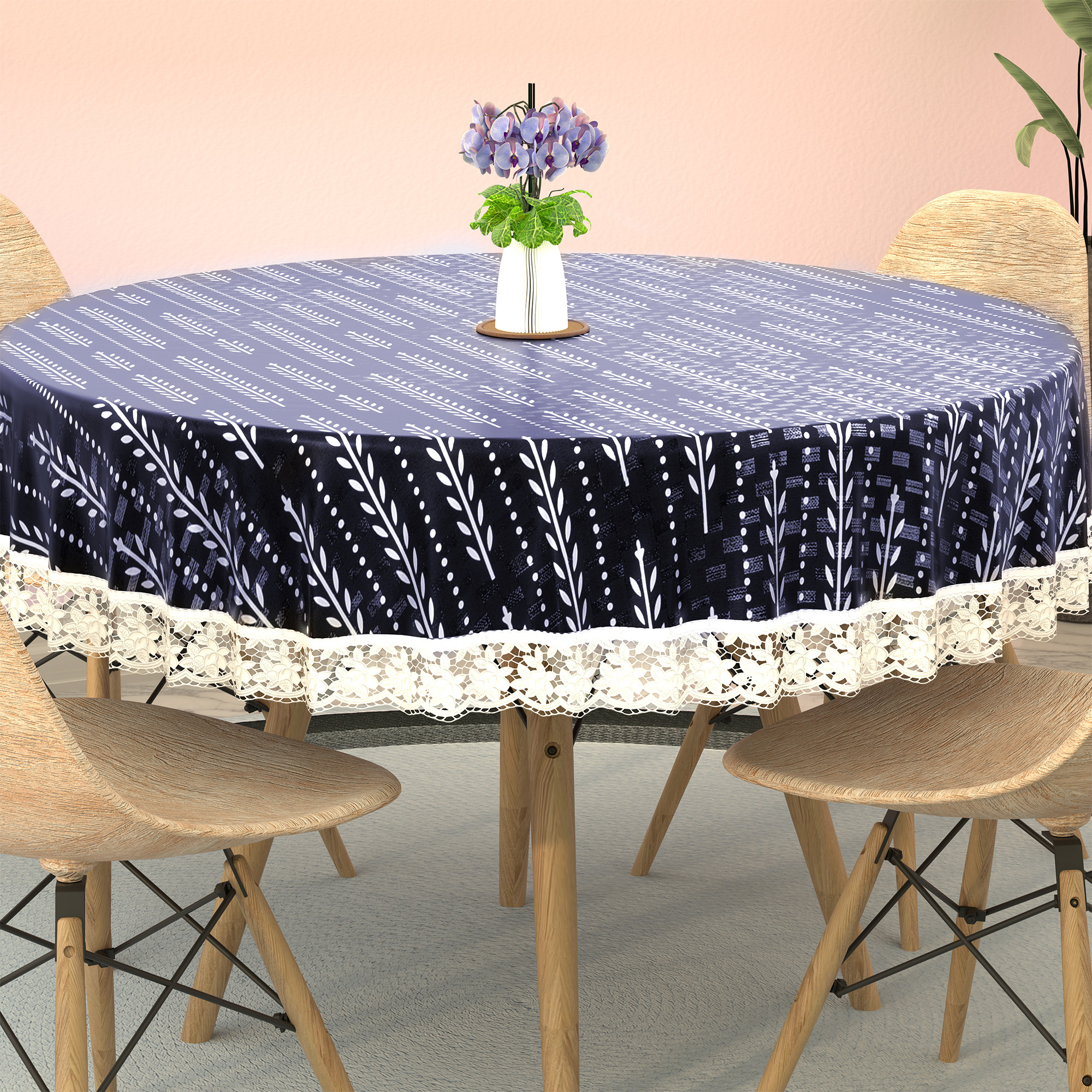 Kuber Industries Round 60x60 Inches Durable  Wipeable 4 Seater Dining Table Cover for Living Room  Anti Slip TeapoyComputer  Office Table ClothSheet  Lining Leaf - White  Blue