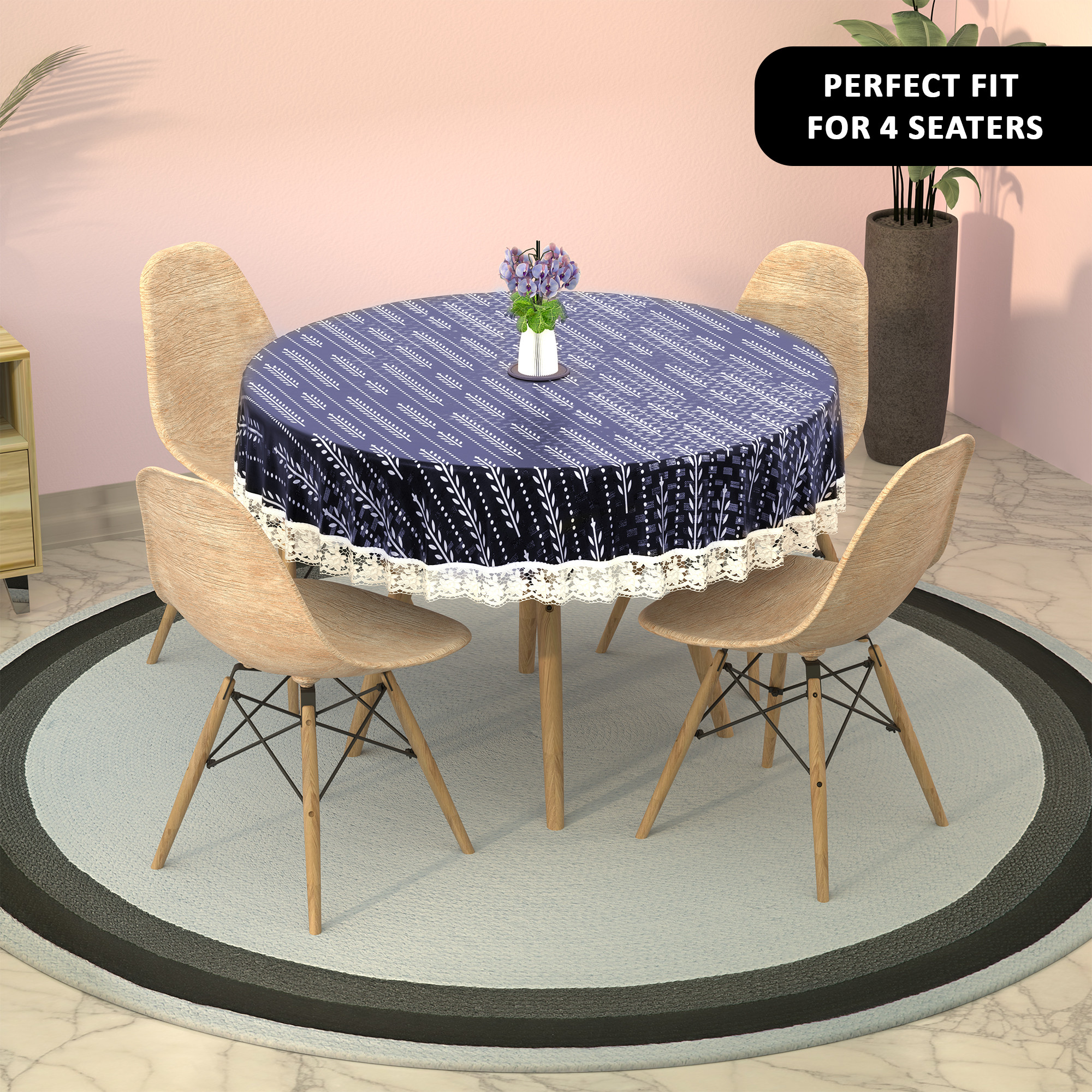 Kuber Industries Round 60x60 Inches Durable  Wipeable 4 Seater Dining Table Cover for Living Room  Anti Slip TeapoyComputer  Office Table ClothSheet  Lining Leaf - White  Blue