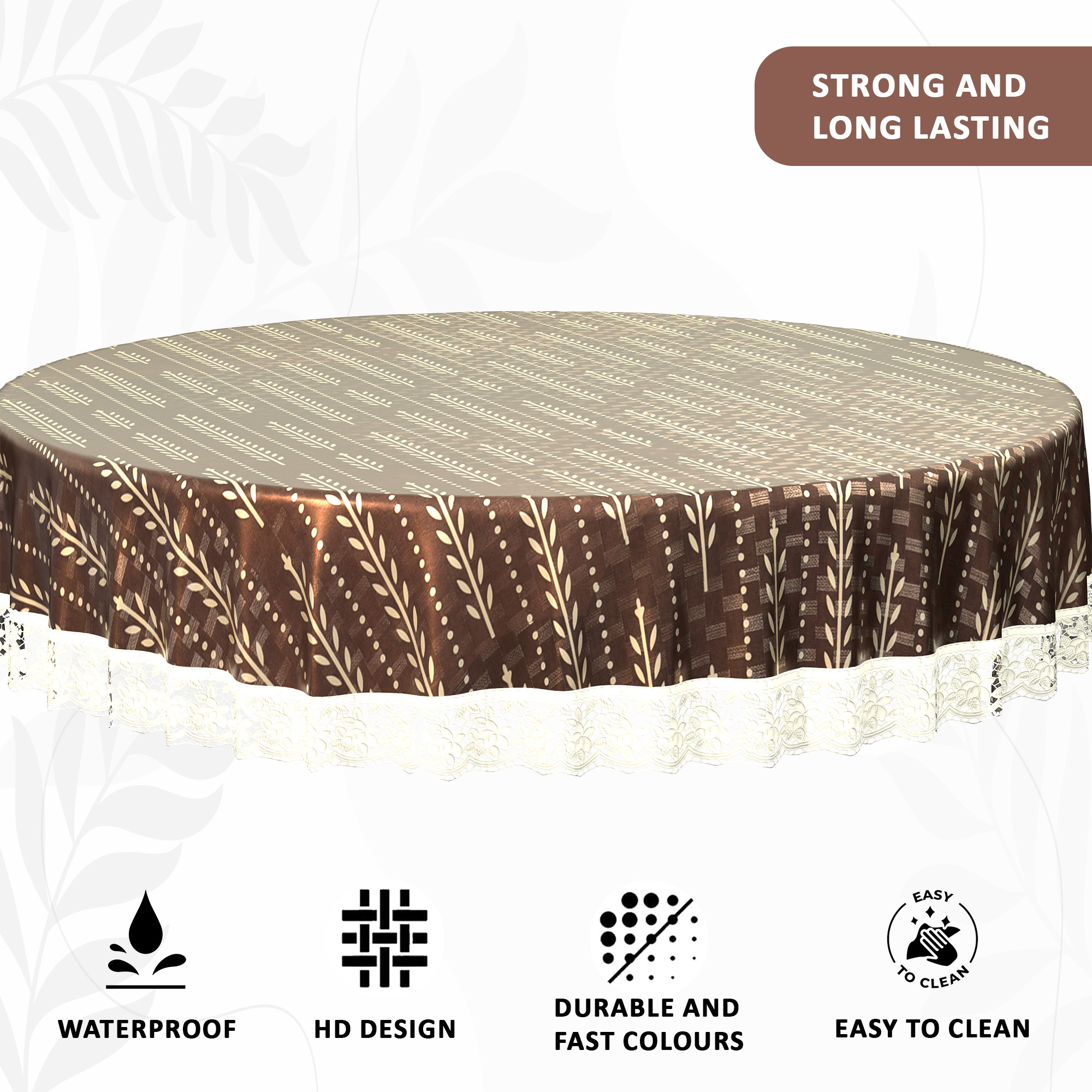 Kuber Industries Round 60x60 Inches Durable  Wipeable 4 Seater Dining Table Cover for Living Room  Anti Slip TeapoyComputer  Office Table ClothSheet  Lining Leaf - Cream  Brown