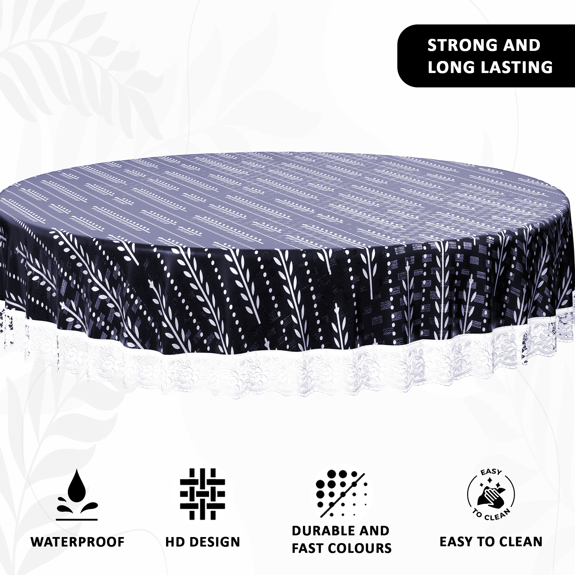 Kuber Industries Round 60x60 Inches Durable  Wipeable 4 Seater Dining Table Cover for Living Room  Anti Slip TeapoyComputer  Office Table ClothSheet  Lining Leaf - White  Blue