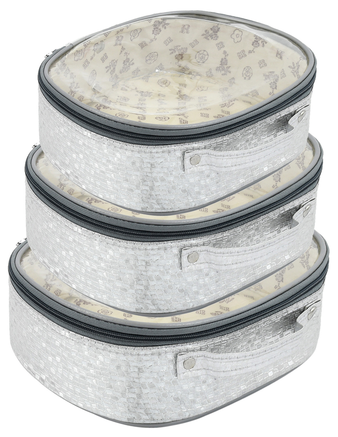 Kuber Industries Round Design Rexine 3 Pieces Make Up Jewellery Vanity Travelling Cosmetic Multipurpose Box (Silver), Collection -CTKTC38177