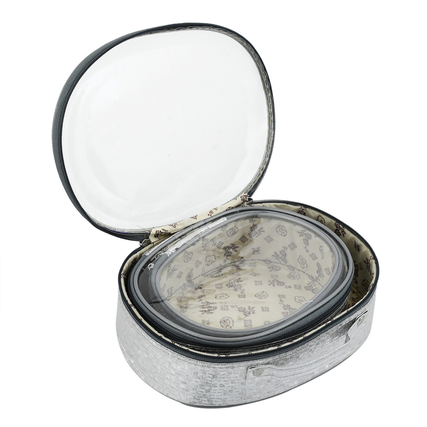 Kuber Industries Round Design Rexine 3 Pieces Make Up Jewellery Vanity Travelling Cosmetic Multipurpose Box (Silver), Collection -CTKTC38177