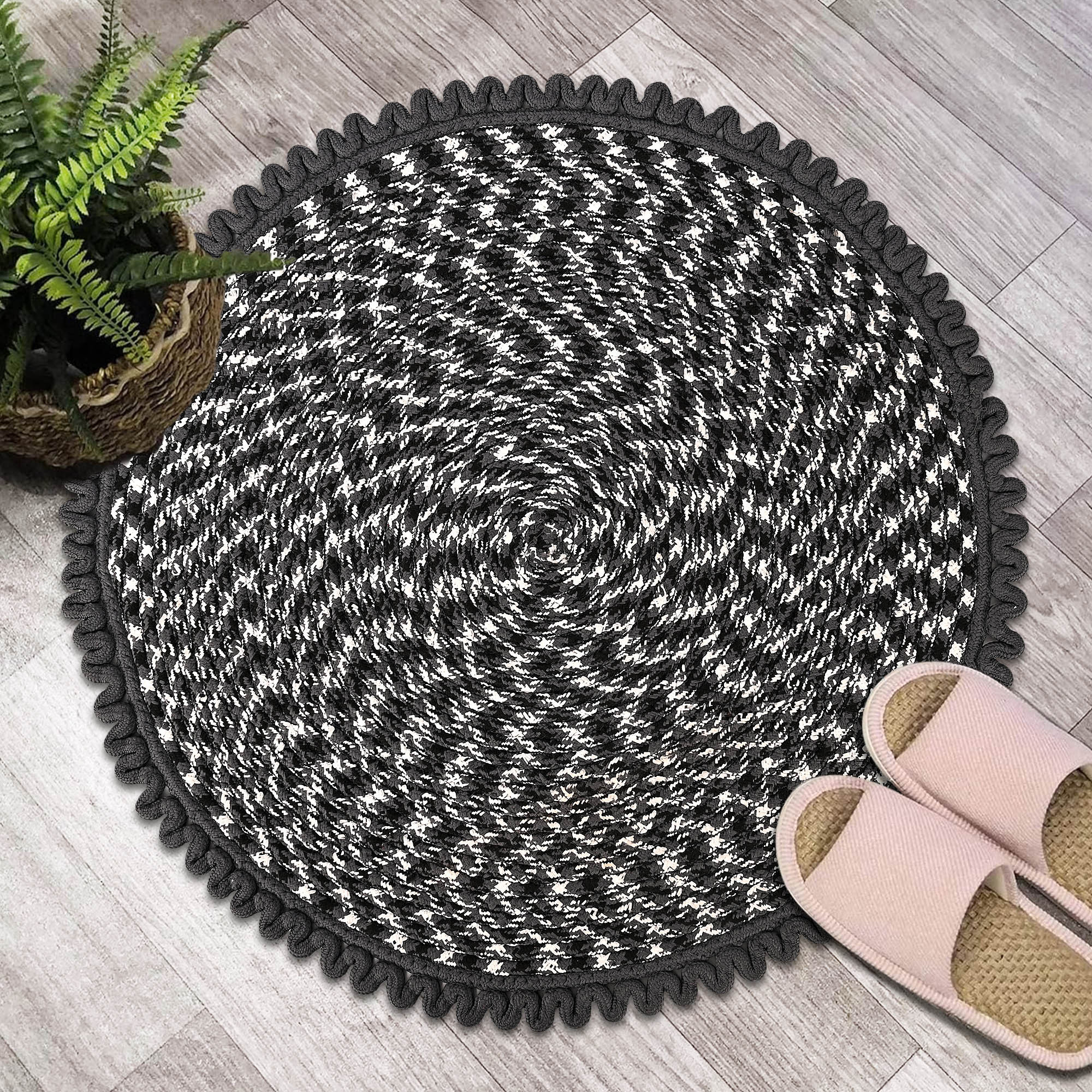 Kuber Industries Round Durable Door  Bathroom Mat for Indoor  Outdoor Use  30x30 Washable Kitchen Mat for Floor  Bedside Rug  Balcony Paidan  Spiral Design - Grey  White
