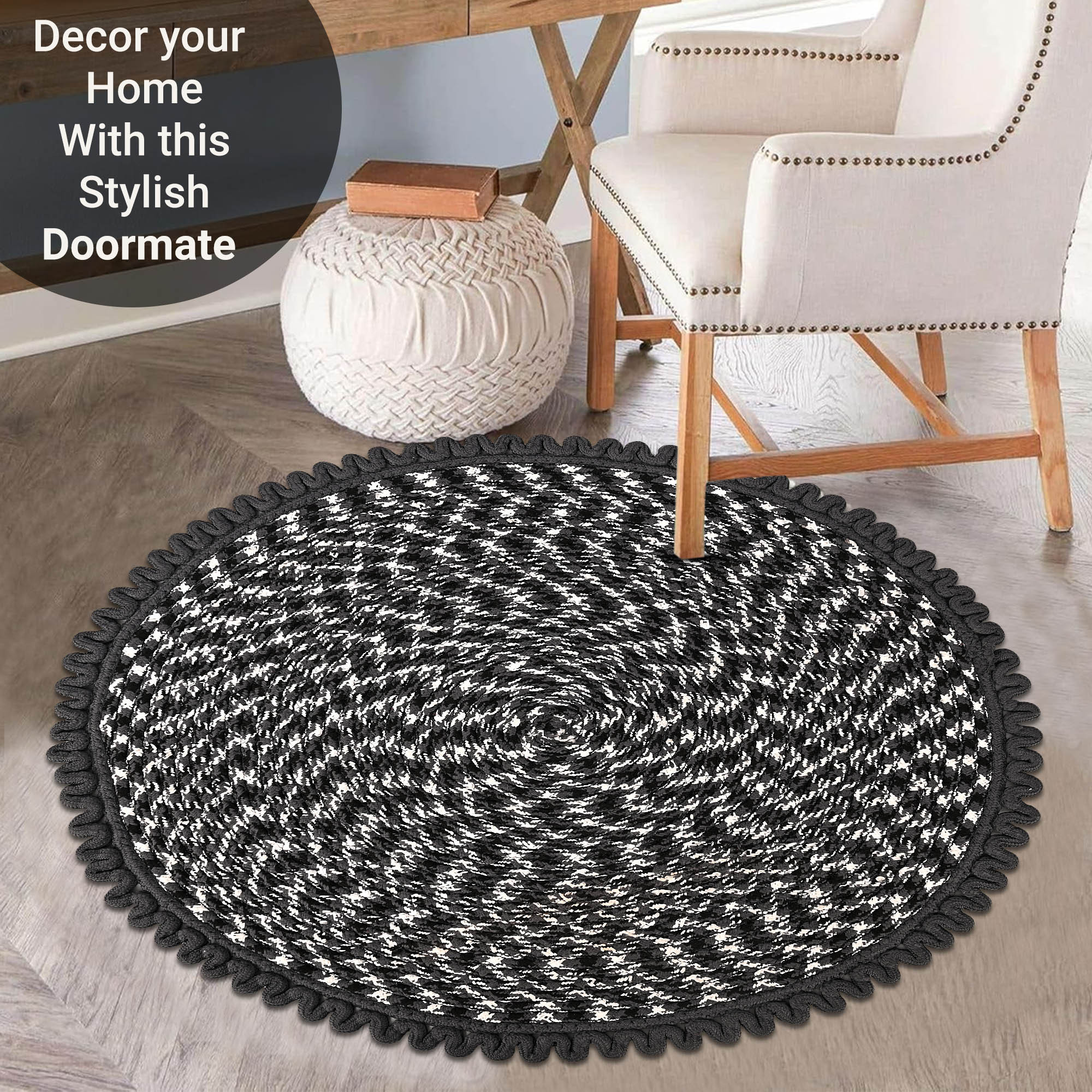 Kuber Industries Round Durable Door  Bathroom Mat for Indoor  Outdoor Use  30x30 Washable Kitchen Mat for Floor  Bedside Rug  Balcony Paidan  Spiral Design - Grey  White