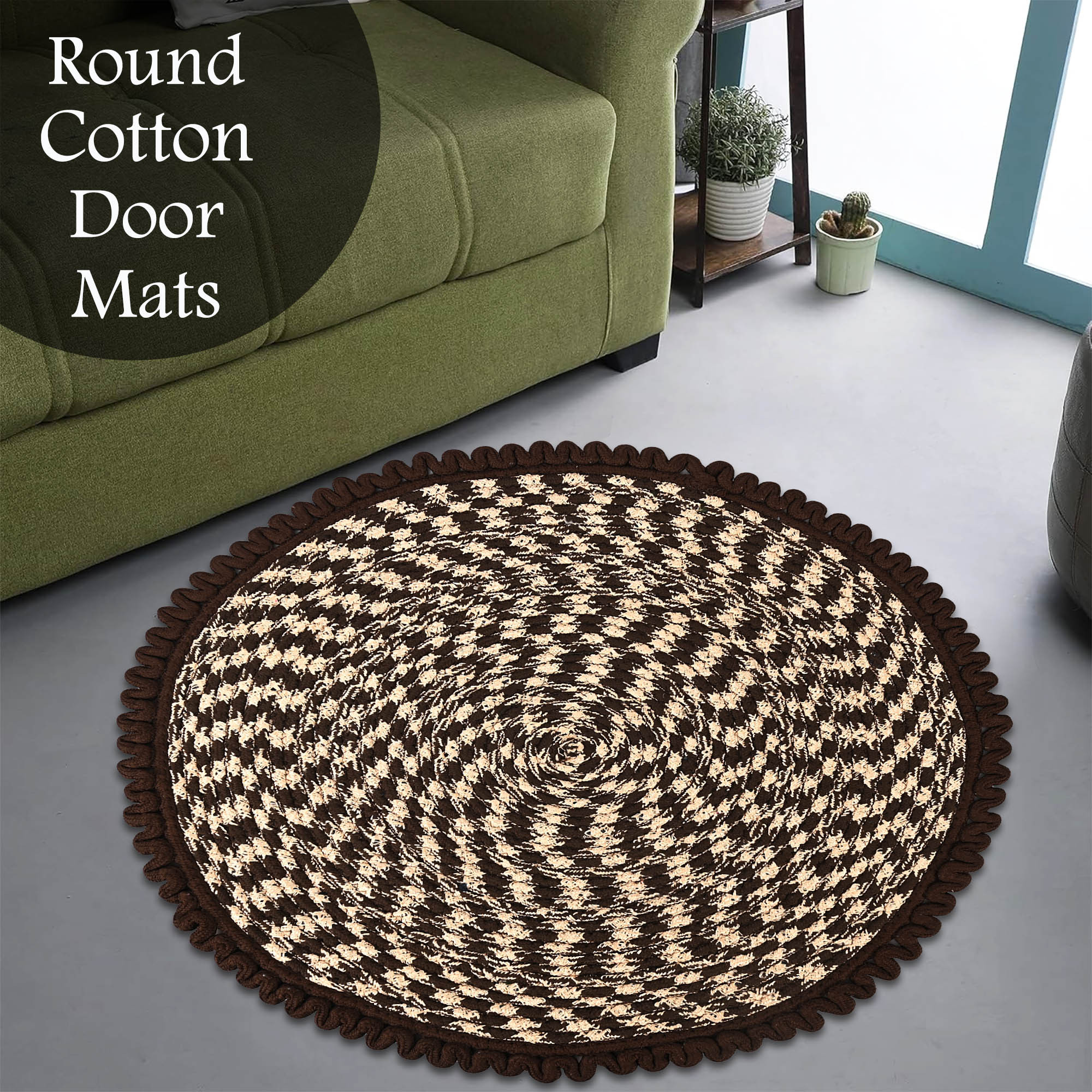 Kuber Industries Round Durable Door  Bathroom Mat for Indoor  Outdoor Use  30x30 Washable Kitchen Mat for Floor  Bedside Rug  Balcony Paidan  Spiral Design - Brown  Cream