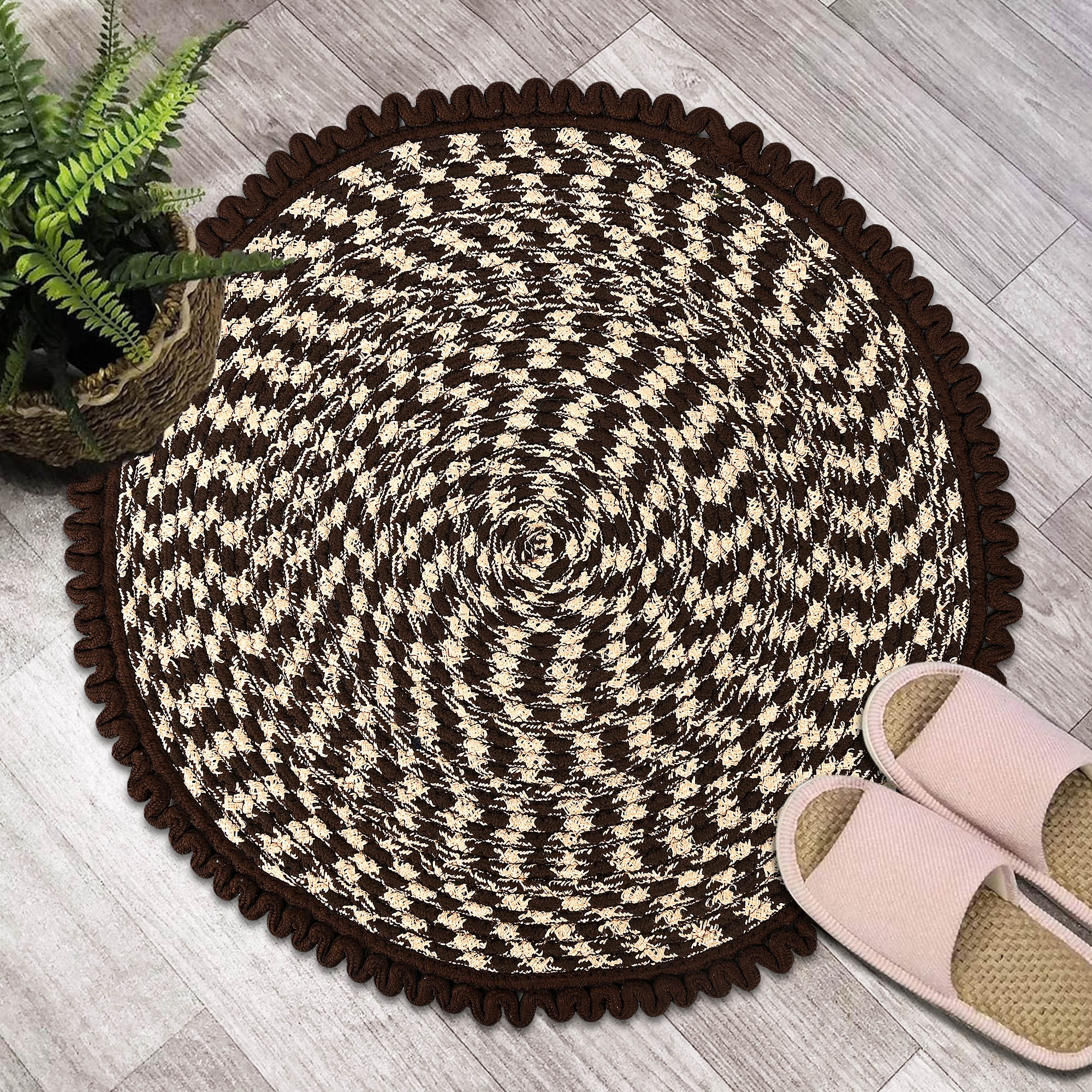 Kuber Industries Round Durable Door  Bathroom Mat for Indoor  Outdoor Use  30x30 Washable Kitchen Mat for Floor  Bedside Rug  Balcony Paidan  Spiral Design - Brown  Cream