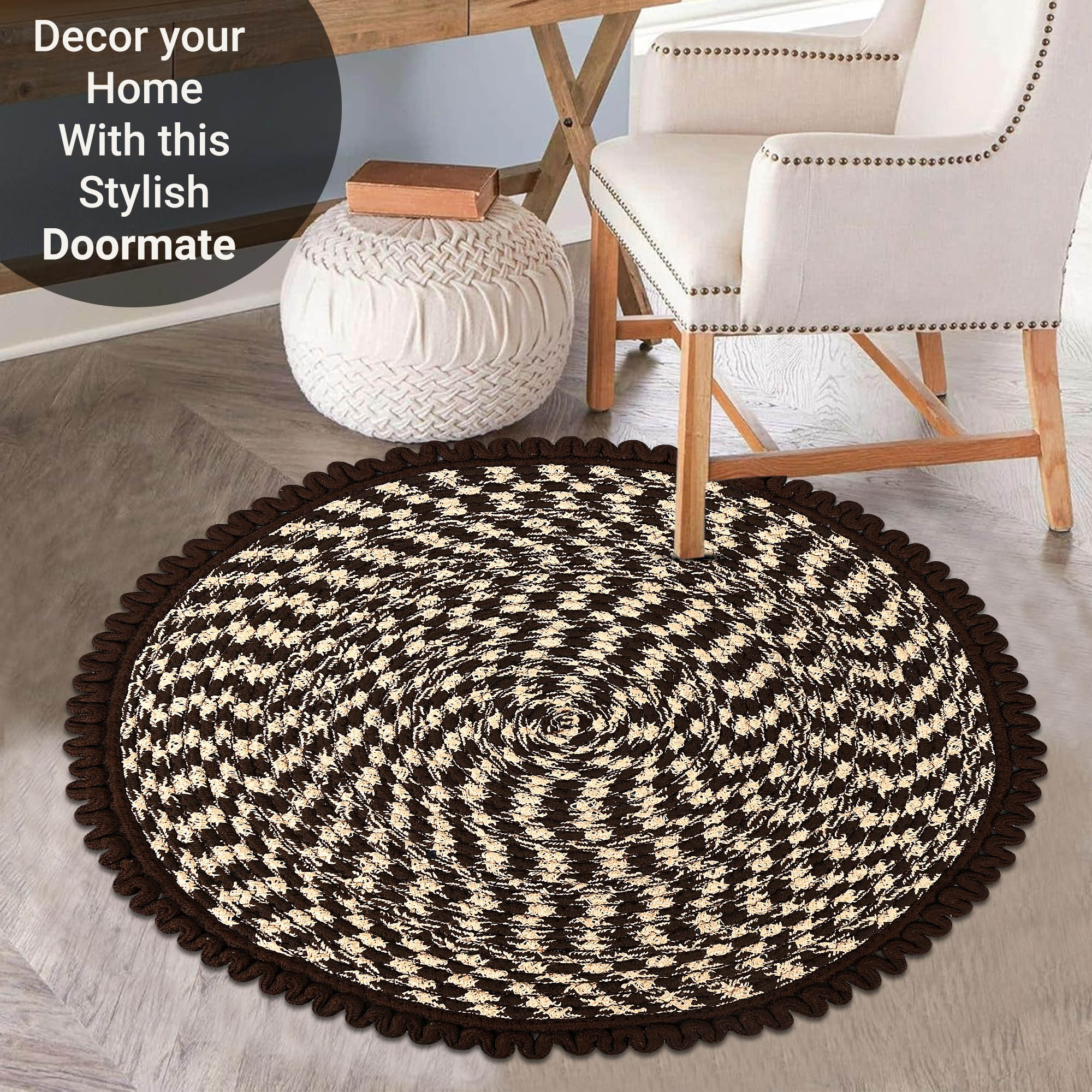 Kuber Industries Round Durable Door  Bathroom Mat for Indoor  Outdoor Use  30x30 Washable Kitchen Mat for Floor  Bedside Rug  Balcony Paidan  Spiral Design - Brown  Cream