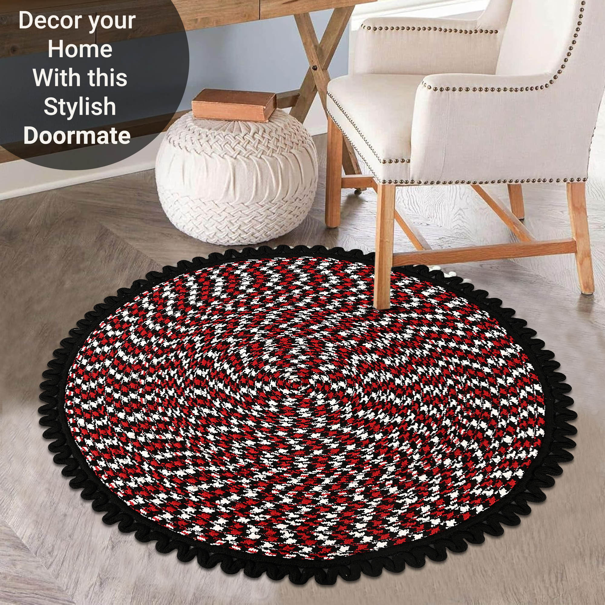 Kuber Industries Round Durable Door  Bathroom Mat for Indoor  Outdoor Use  30x30 Washable Kitchen Mat for Floor  Bedside Rug  Balcony Paidan  Spiral Design - Black  Red