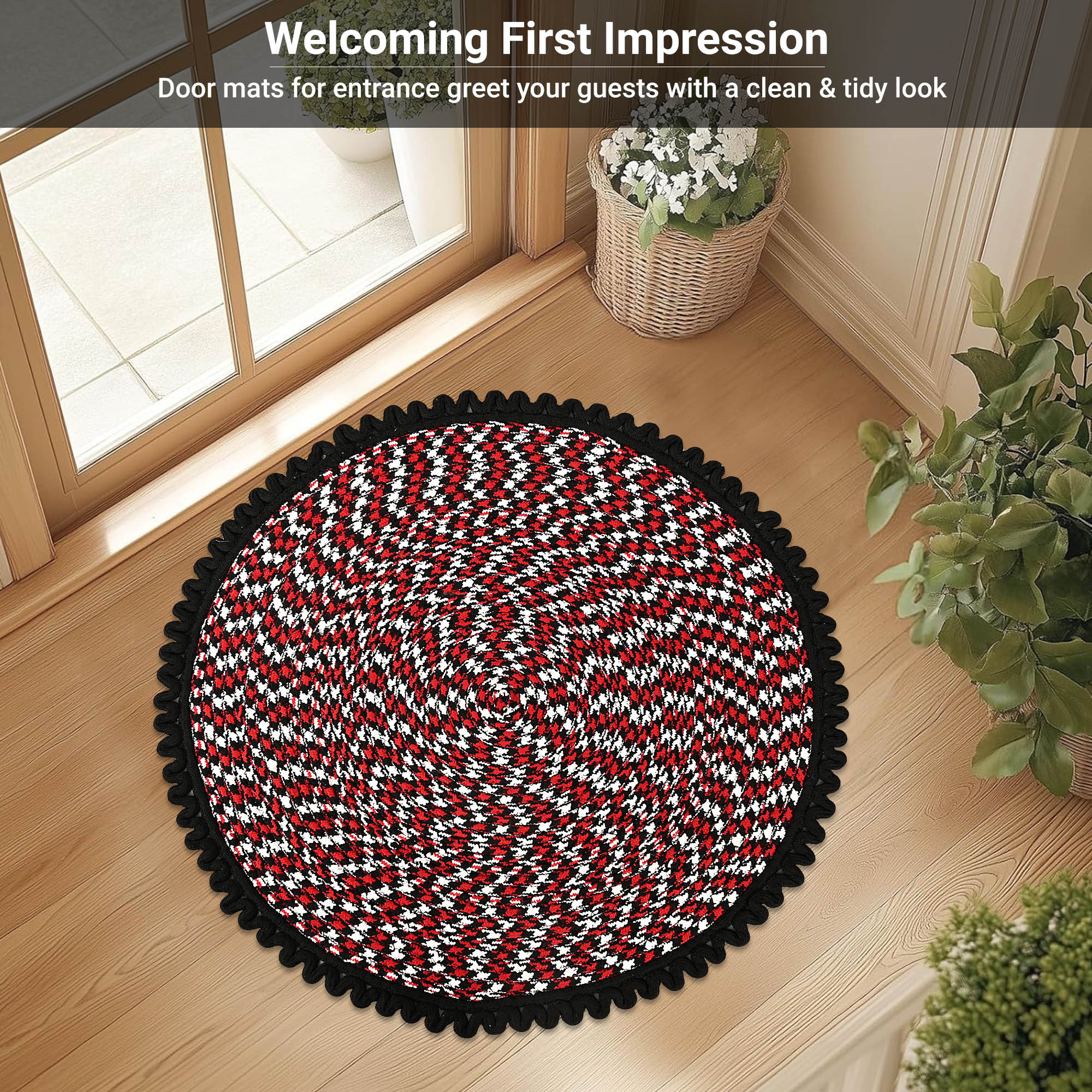 Kuber Industries Round Durable Door  Bathroom Mat for Indoor  Outdoor Use  30x30 Washable Kitchen Mat for Floor  Bedside Rug  Balcony Paidan  Spiral Design - Black  Red