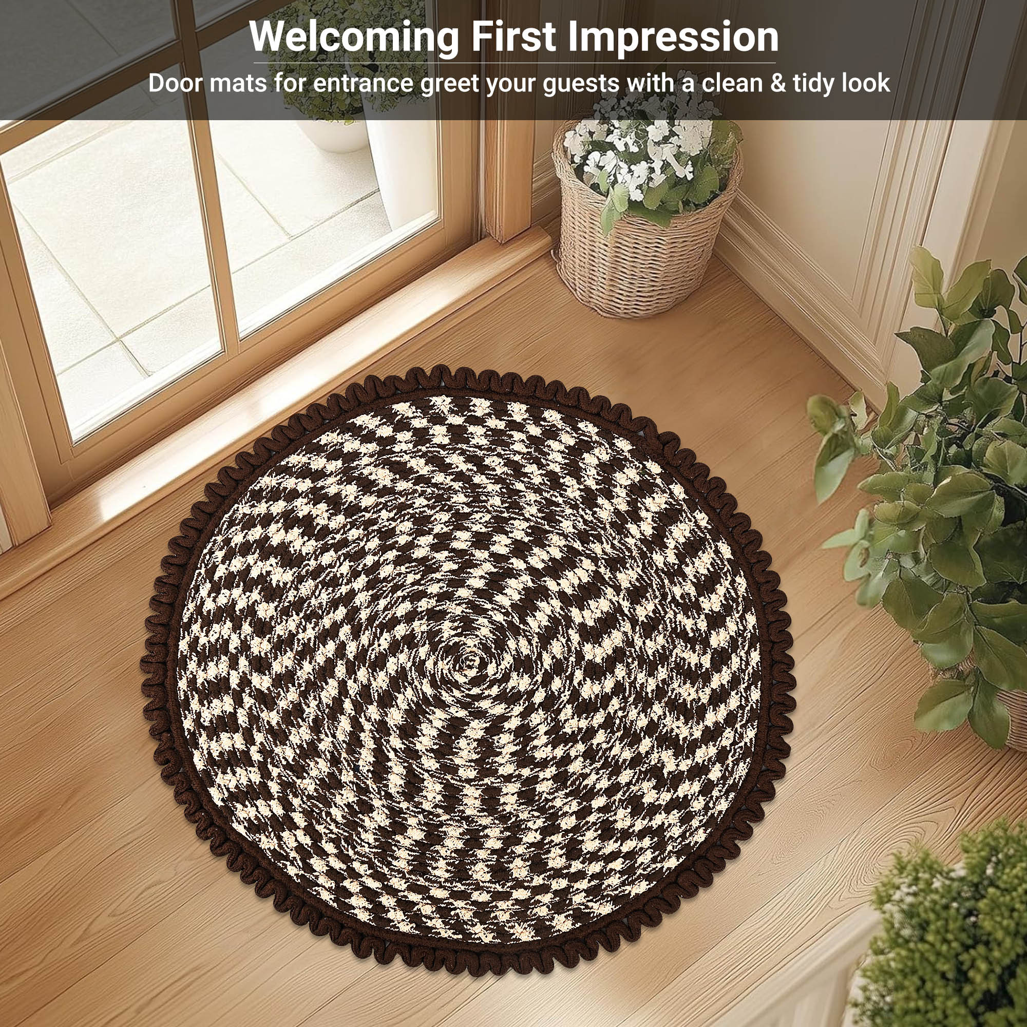 Kuber Industries Round Durable Door  Bathroom Mat for Indoor  Outdoor Use  30x30 Washable Kitchen Mat for Floor  Bedside Rug  Balcony Paidan  Spiral Design - Brown  Cream