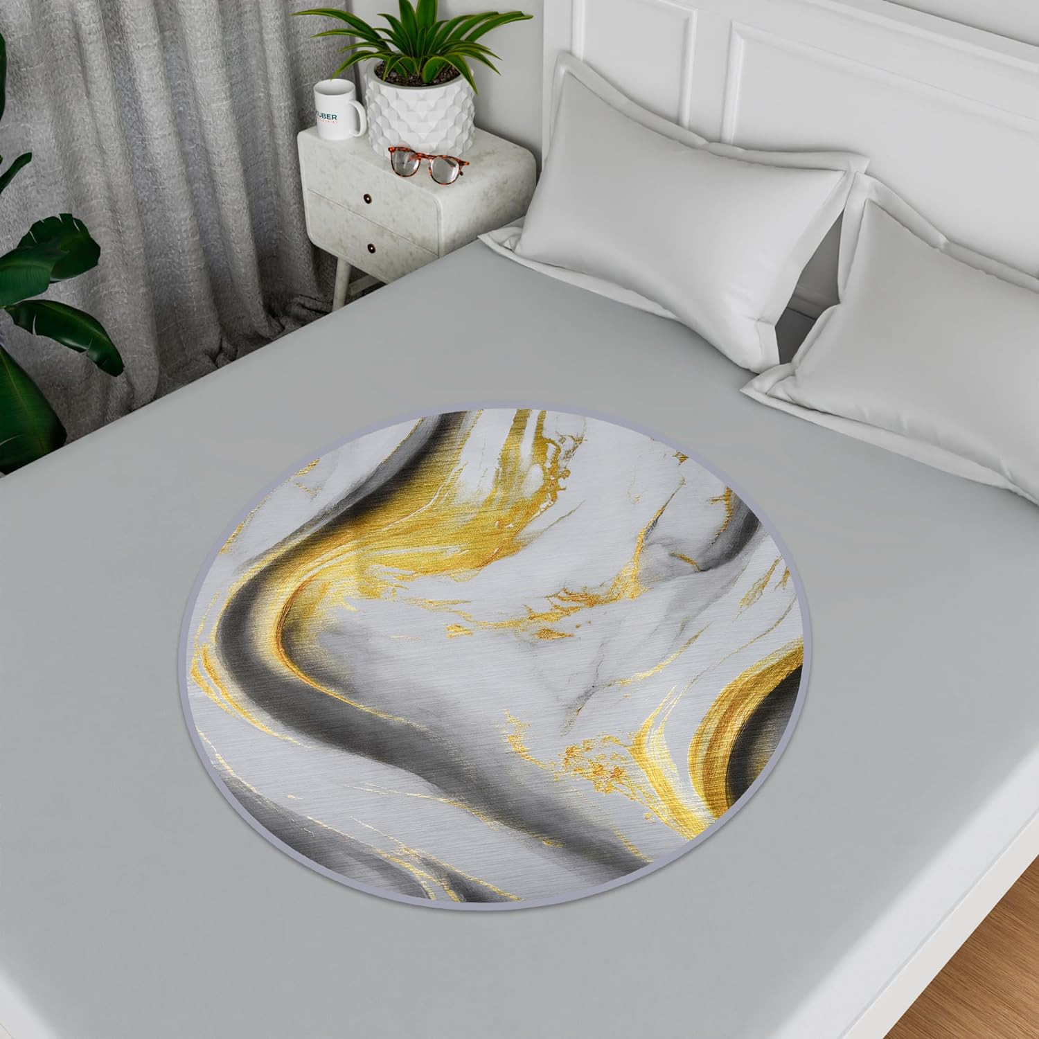 Kuber Industries Round Food Mat  36x36 Inch  Waterproof Food Mat  Food Mat for Picnic  Kids Bed Server Food Mat  Lightweight  Portable Food Mat  Golden Marble  Grey