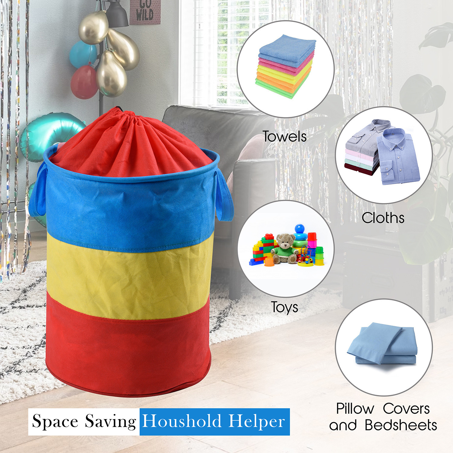 Kuber Industries Round Laundry Basket  Non-Woven Laundry with Dori   Clothes Hamper   Foldable Laundry Bag with Handle   Laundry Basket 45 Liter  Multicolor