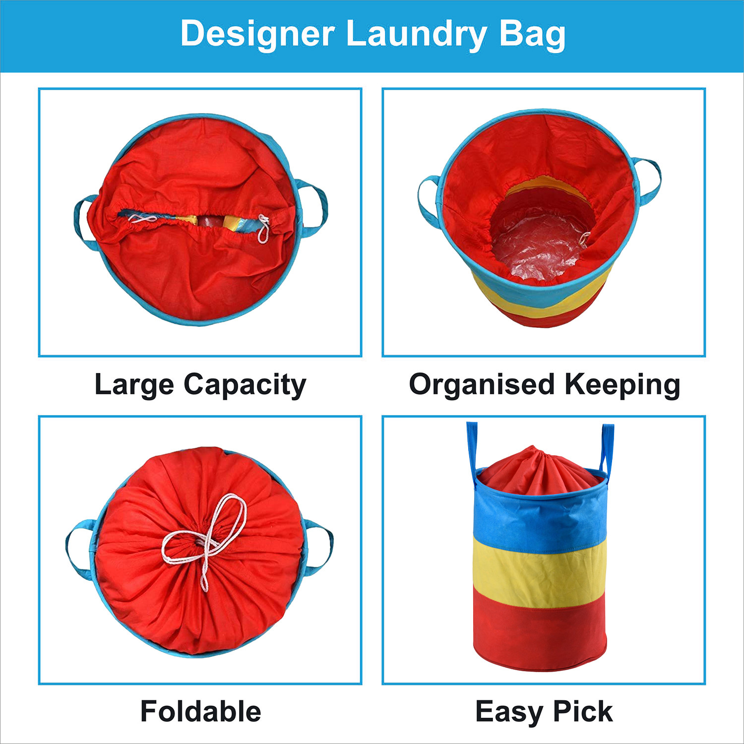 Kuber Industries Round Laundry Basket  Non-Woven Laundry with Dori   Clothes Hamper   Foldable Laundry Bag with Handle   Laundry Basket 45 Liter  Multicolor