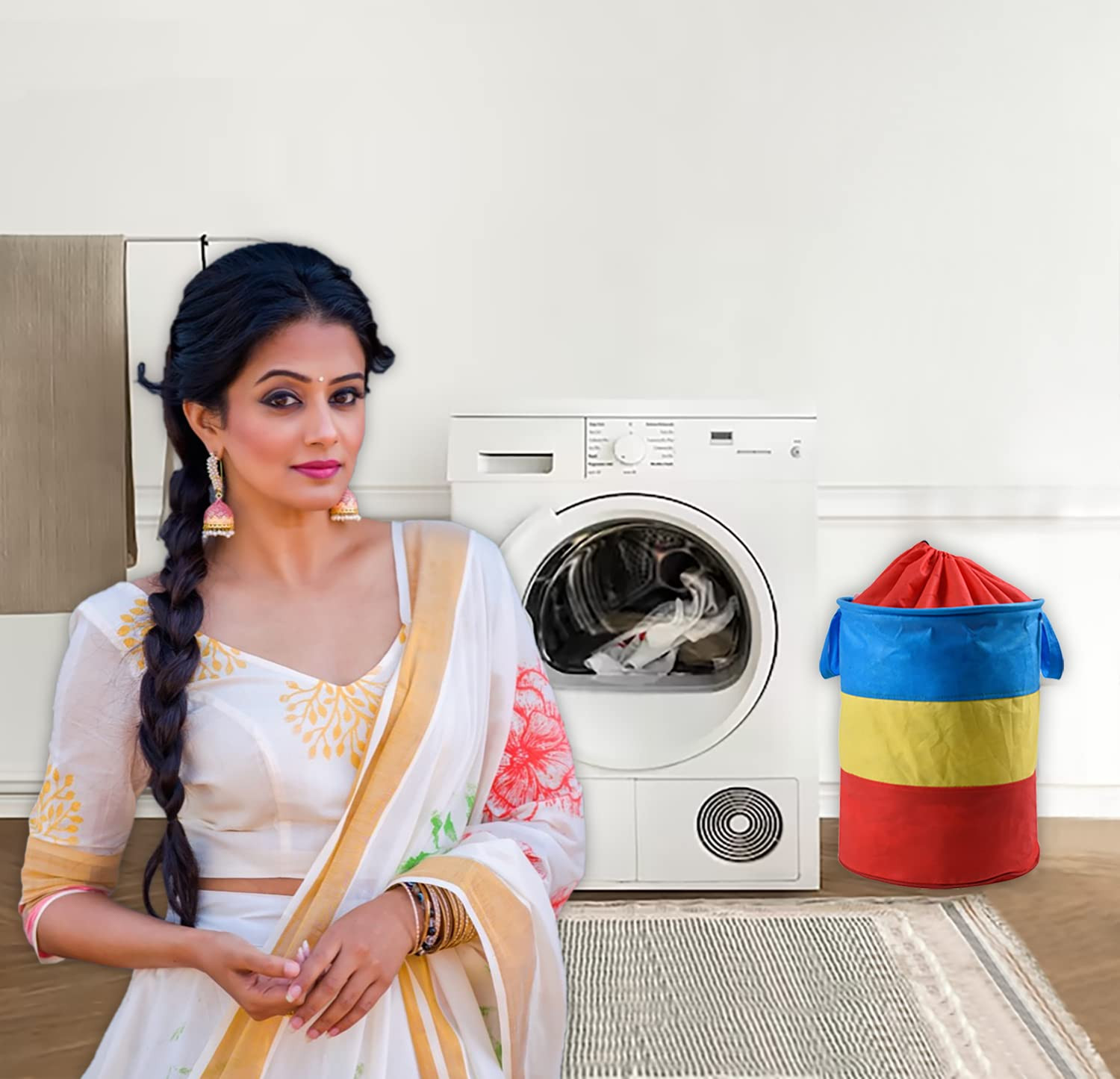 Kuber Industries Round Laundry Basket  Non-Woven Laundry with Dori   Clothes Hamper   Foldable Laundry Bag with Handle   Laundry Basket 45 Liter  Multicolor
