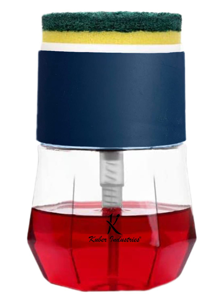 Kuber Industries Round Liquid Soap Dispenser for Kitchen | with Pump and 2 Sponge Scrubs | Plastic, Lightweight &amp; Durable | Multipurpose Use, Ergonomic Design &amp; Easy to Clean | Blue