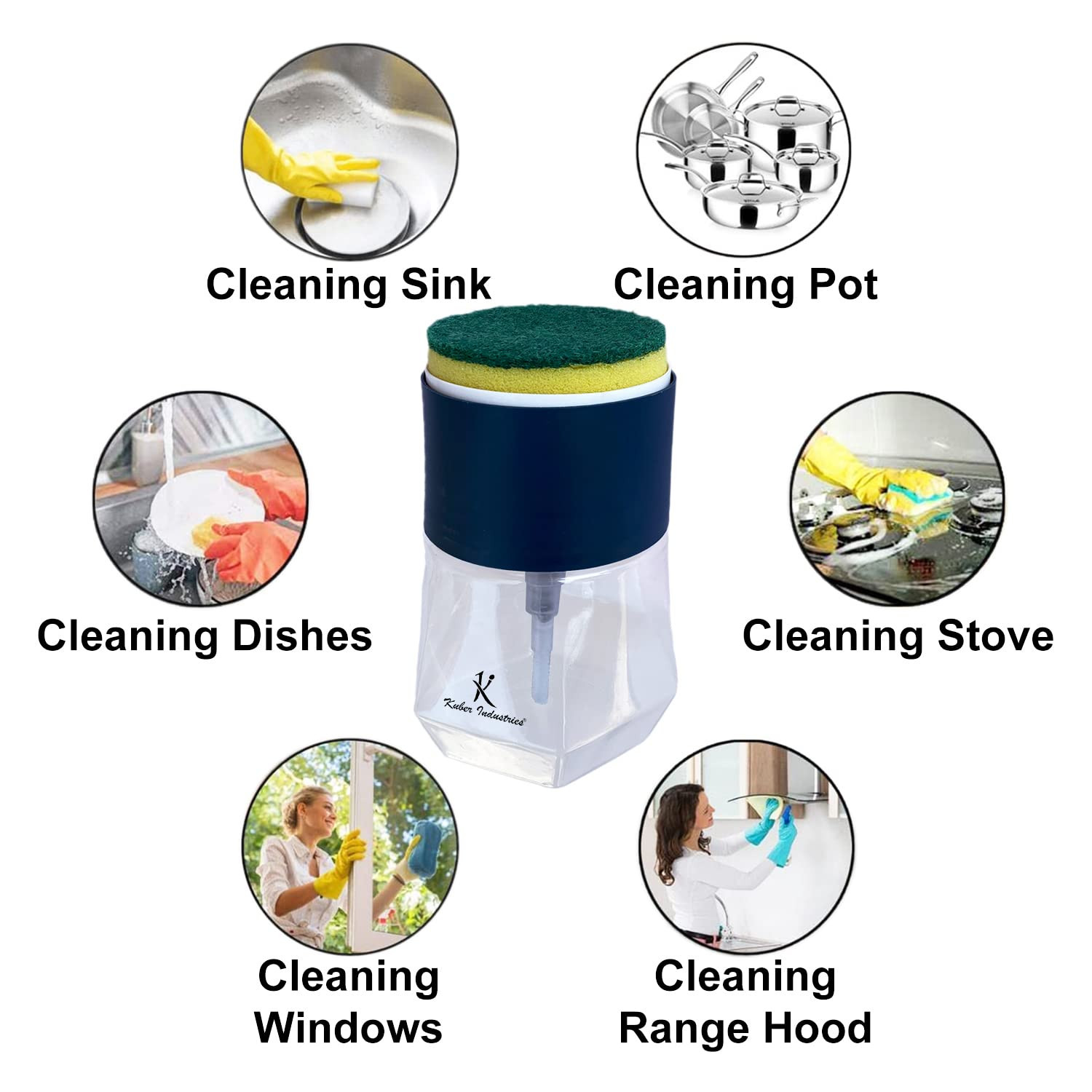 Kuber Industries Round Liquid Soap Dispenser for Kitchen | with Pump and 2 Sponge Scrubs | Plastic, Lightweight & Durable | Multipurpose Use, Ergonomic Design & Easy to Clean | Blue