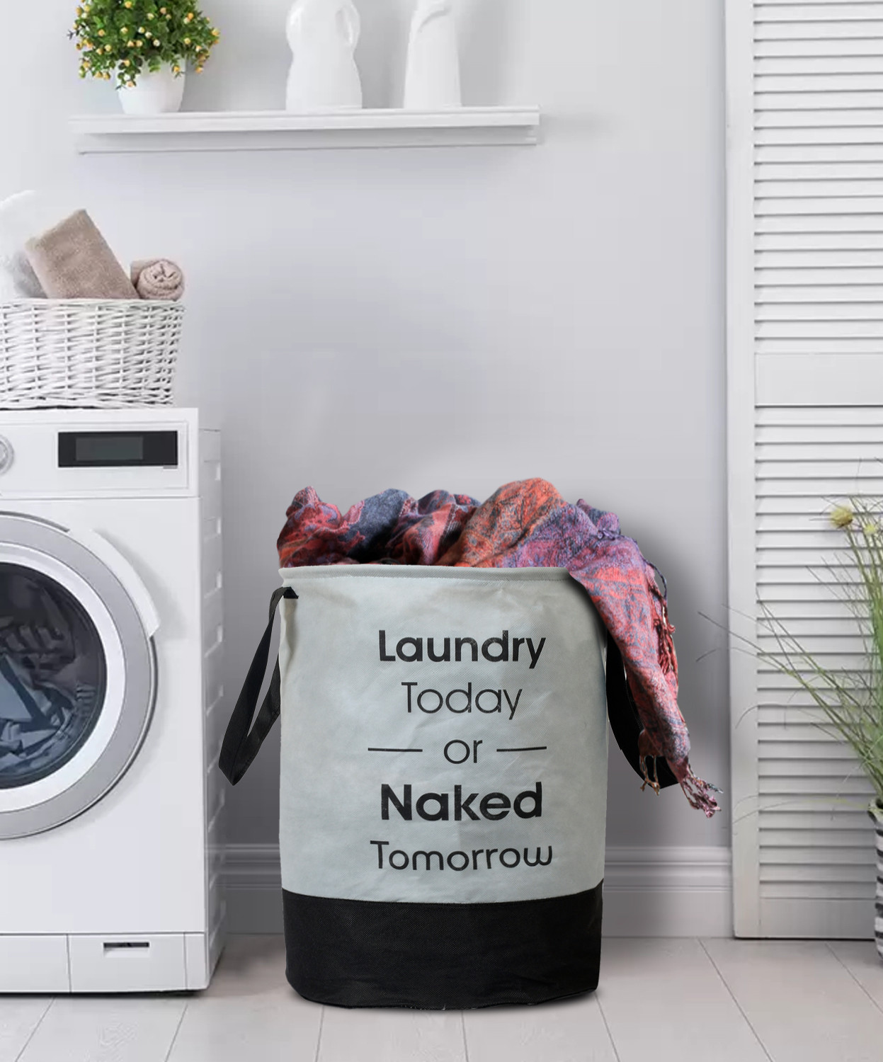 Kuber Industries Round Non Woven Fabric Foldable Laundry Basket , Toy Storage Basket, Cloth Storage Basket With Handles,45 Ltr (Grey & Black)-33_S_KUBQMART11446