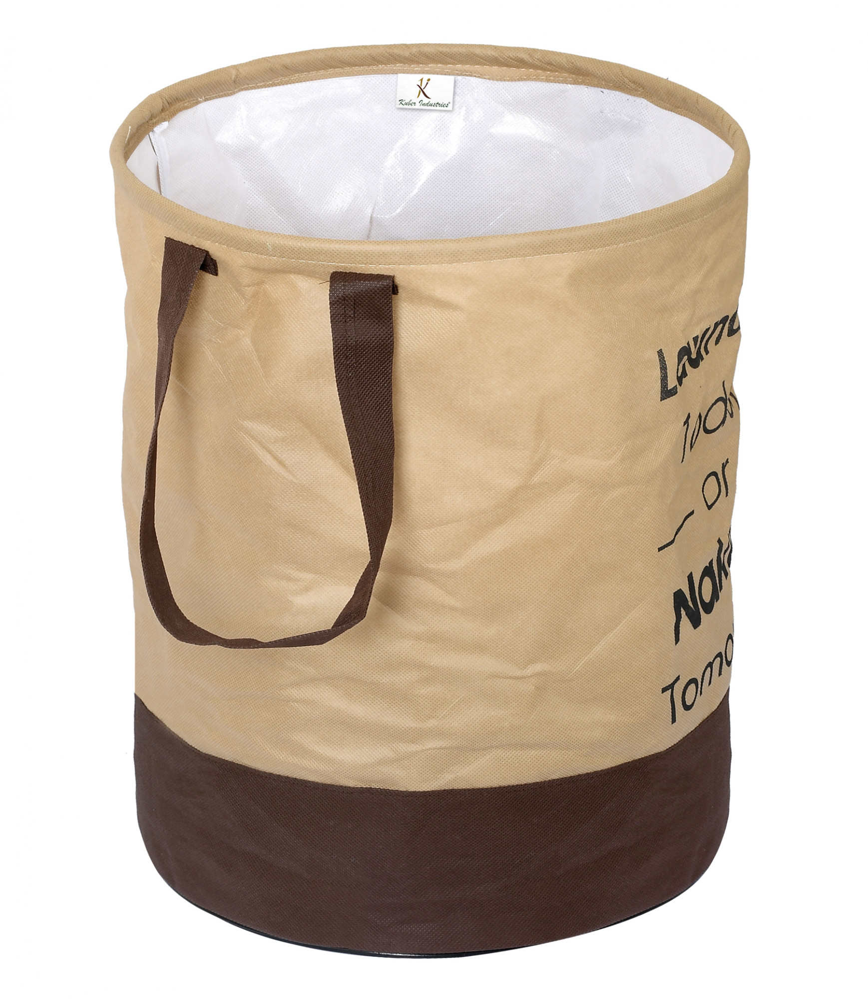 Kuber Industries Round Non Woven Fabric Foldable Laundry Basket , Toy Storage Basket, Cloth Storage Basket With Handles,45 Ltr (Beige & Brown)-33_S_KUBQMART11450