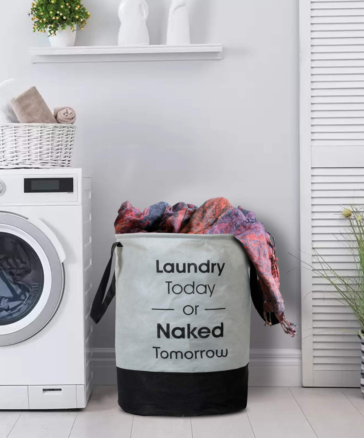 Kuber Industries Round Non Woven Fabric Foldable Laundry Basket  Toy Storage Basket Cloth Storage Basket With Handles45 Ltr Grey  Black-KUBMART11446