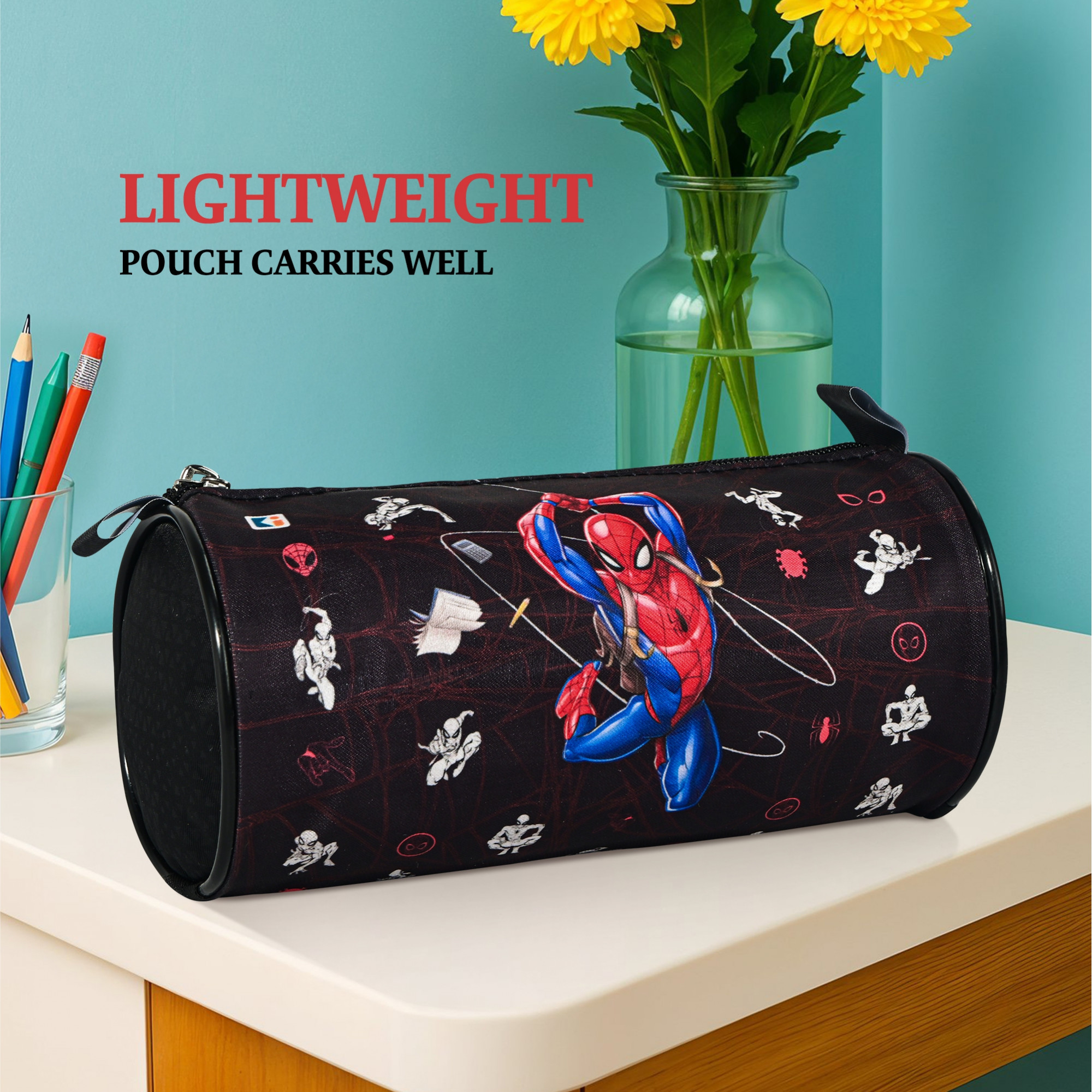 Kuber Industries Round Pen Pencil Pouch For Kids With Zip  Portable  Multipurpose Stationery Holder Organizer For School College  Office  Spiderman Print - Black