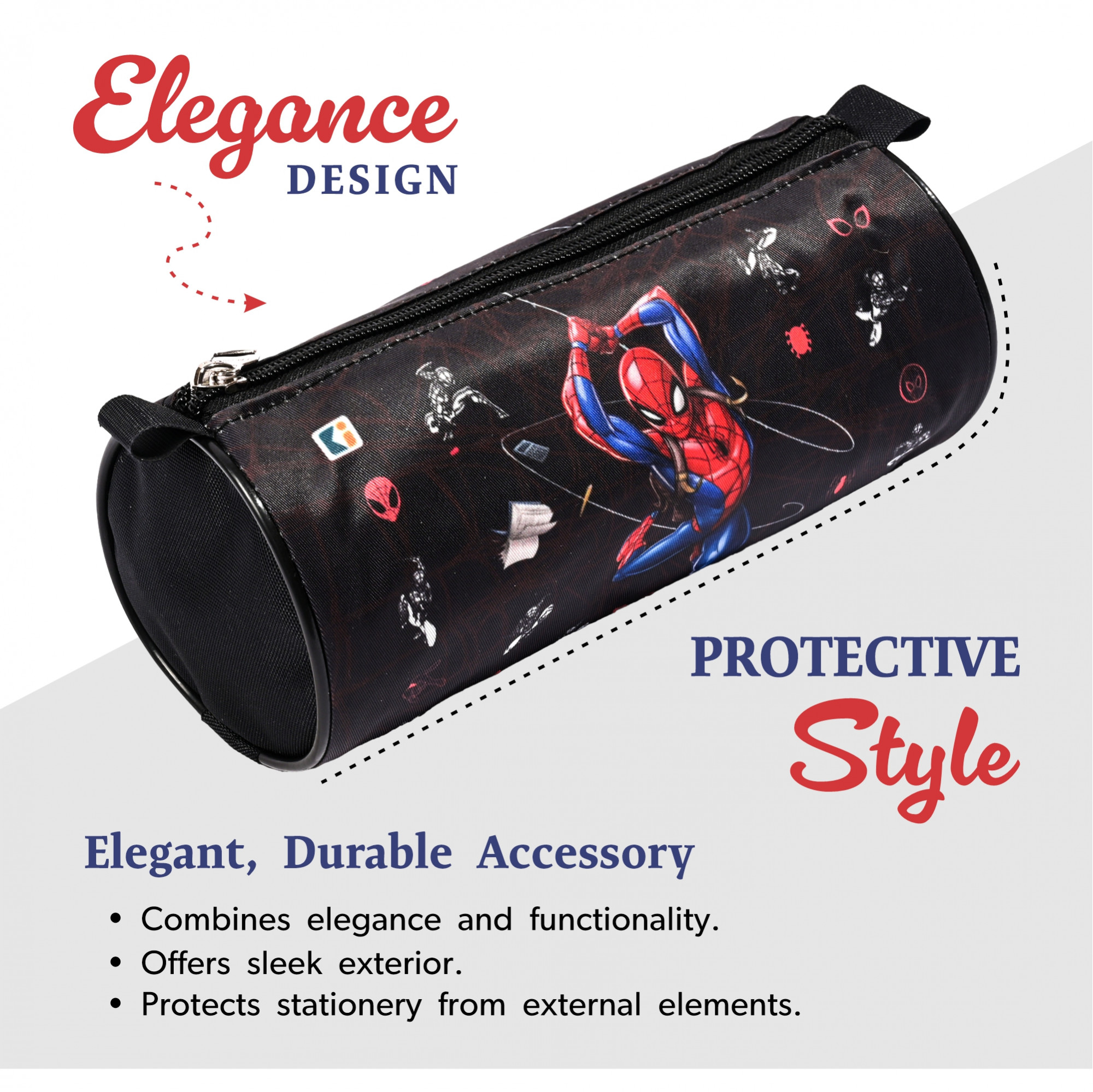 Kuber Industries Round Pen Pencil Pouch For Kids With Zip  Portable  Multipurpose Stationery Holder Organizer For School College  Office  Spiderman Print - Black