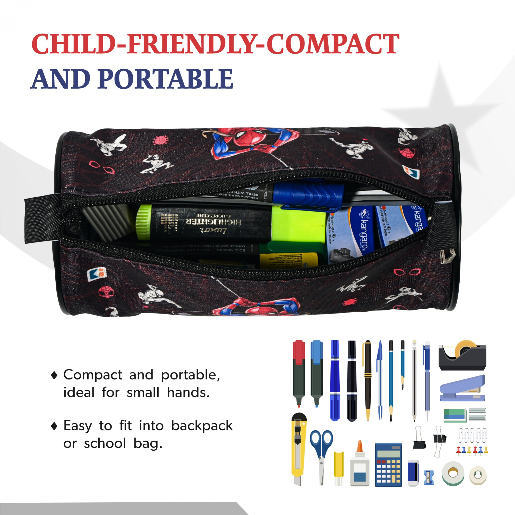 Kuber Industries Round Pen Pencil Pouch For Kids With Zip  Portable  Multipurpose Stationery Holder Organizer For School College  Office  Spiderman Print - Black
