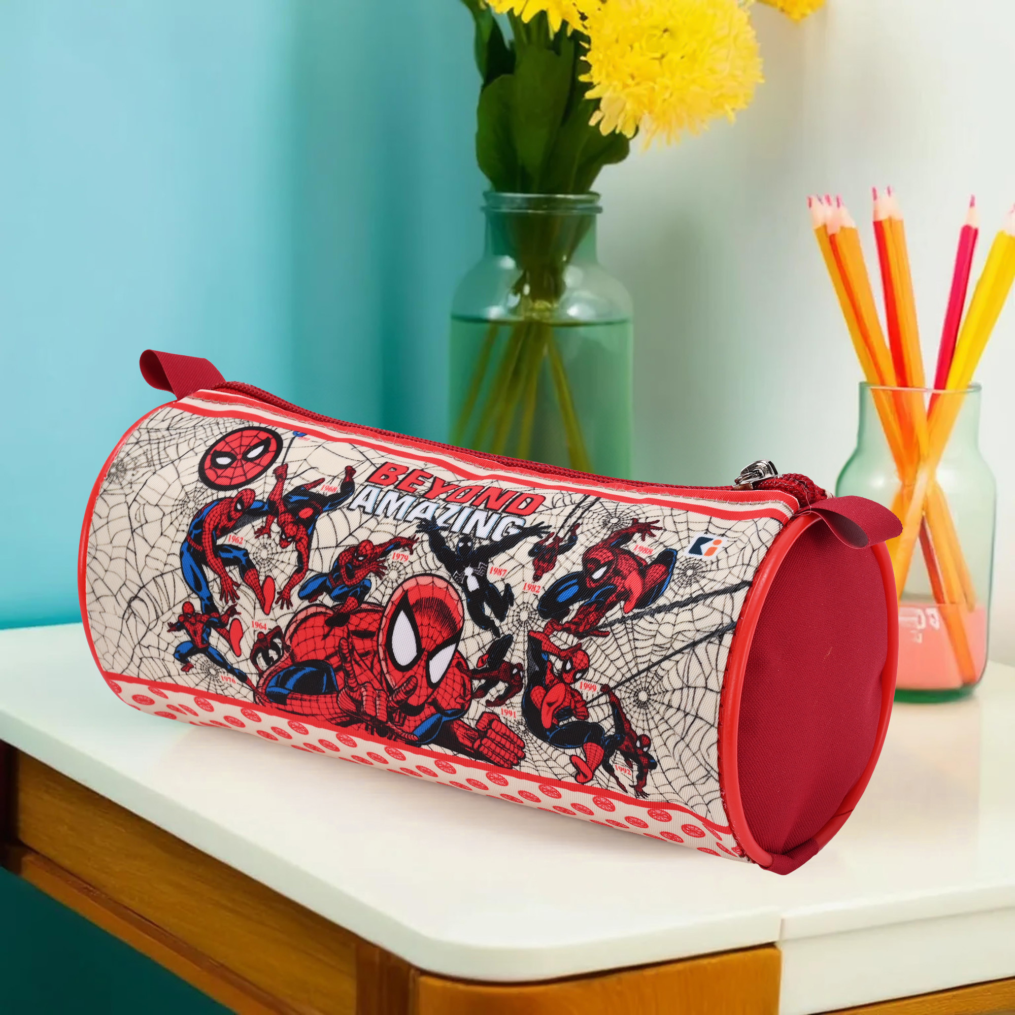 Kuber Industries Round Pencil Pouch  Amazing Spiderman Pencil Pouch for Kids  Multi-Purpose Travel Pouch  Stationary Holder  Travel Organizer  School Pencil Pouches  Geometry Box  Blue