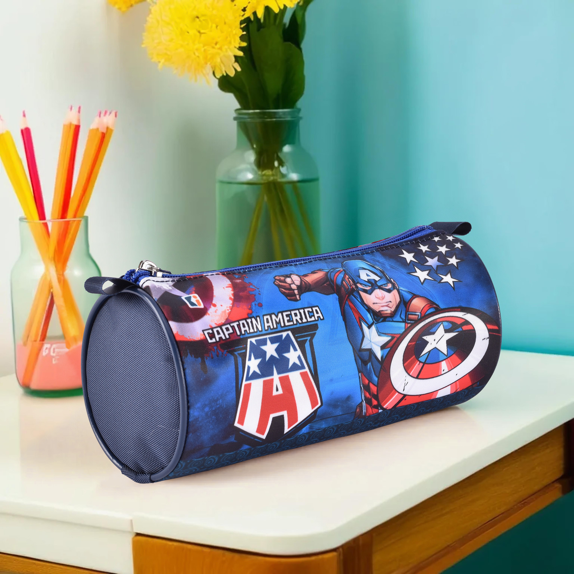 Kuber Industries Round Pencil Pouch  Captain America Pencil Pouch for Kids  Multi-Purpose Travel Pouch  Stationary Holder  Travel Organizer  Pencil Utility School Pouches  Geometry Box  Blue