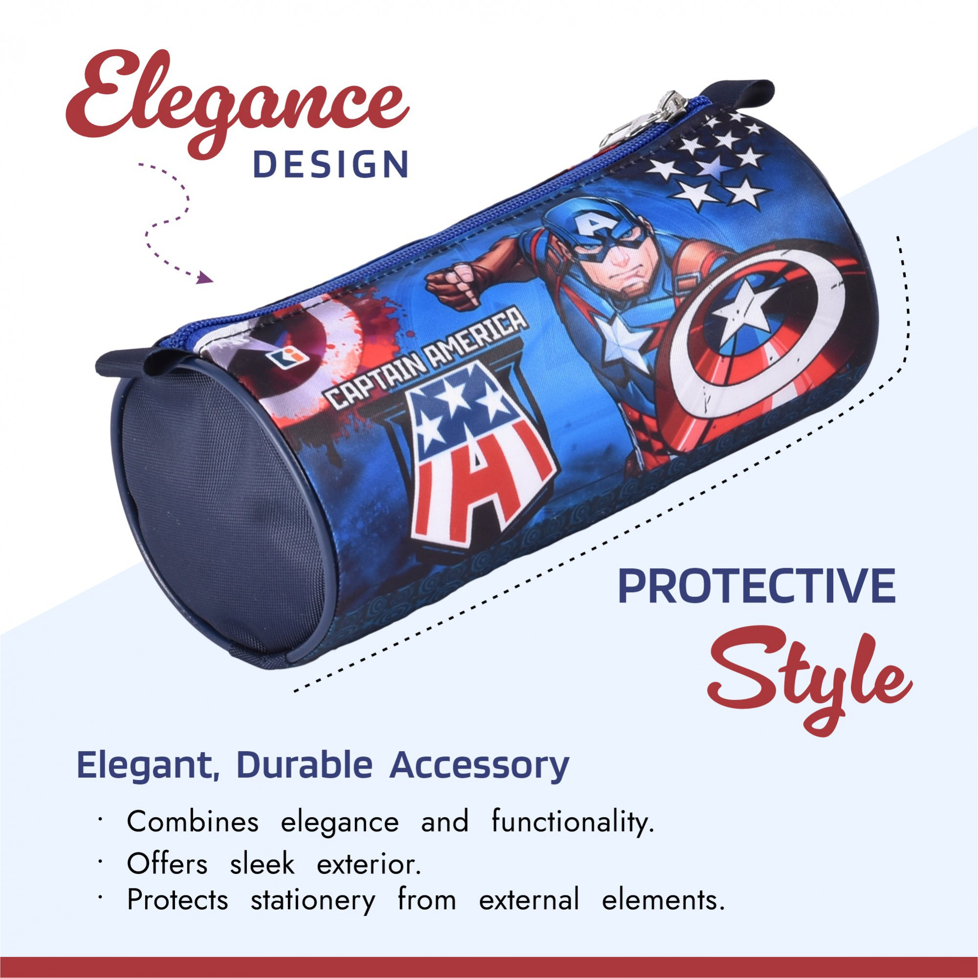 Kuber Industries Round Pencil Pouch  Captain America Pencil Pouch for Kids  Multi-Purpose Travel Pouch  Stationary Holder  Travel Organizer  Pencil Utility School Pouches  Geometry Box  Blue