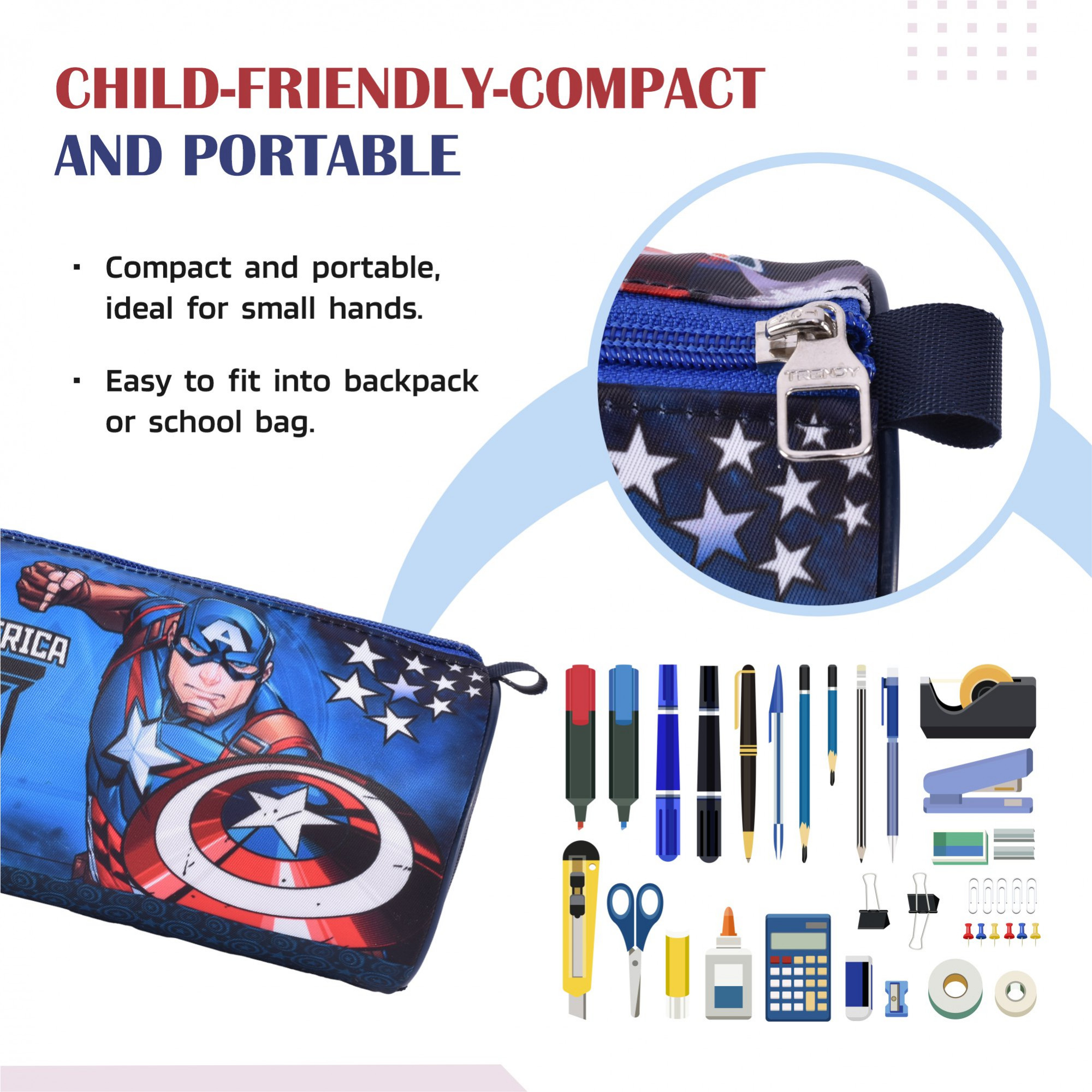 Kuber Industries Round Pencil Pouch  Captain America Pencil Pouch for Kids  Multi-Purpose Travel Pouch  Stationary Holder  Travel Organizer  Pencil Utility School Pouches  Geometry Box  Blue