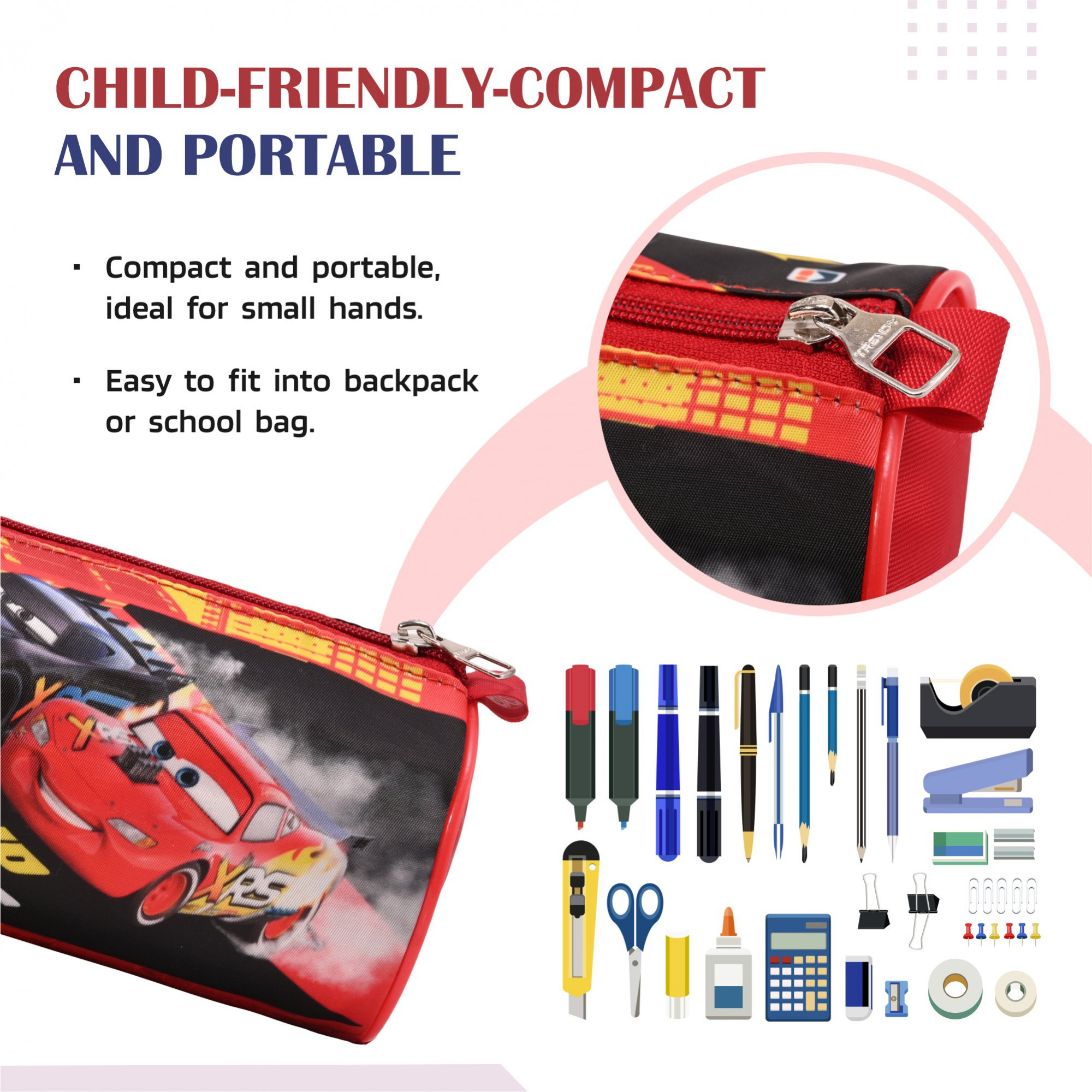 Kuber Industries Round Pencil Pouch  Disney Car Pencil Pouch for Kids  Multi-Purpose Travel Pouch  Stationary Holder  Travel Organizer  Pencil Utility School Pouches  Geometry Box  Red