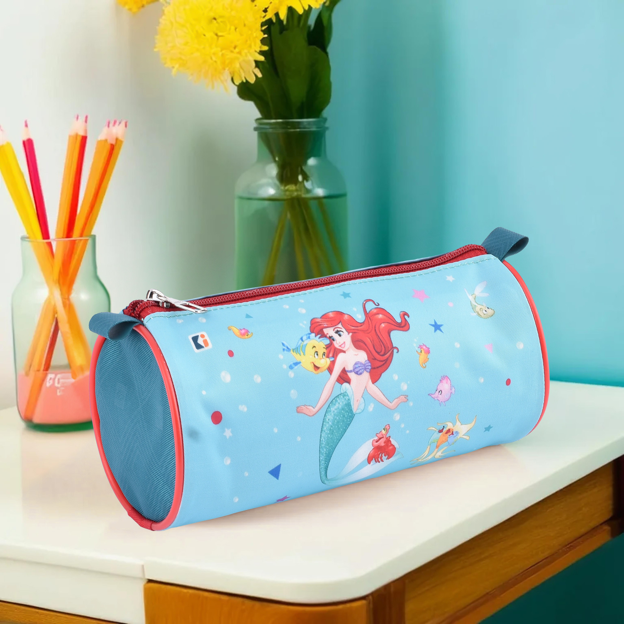 Kuber Industries Round Pencil Pouch  Disney Mermaid Pencil Pouch for Kids  Multi-Purpose Travel Pouch  Stationary Holder  Travel Organizer  Pencil Utility School Pouches  Geometry Box  Green