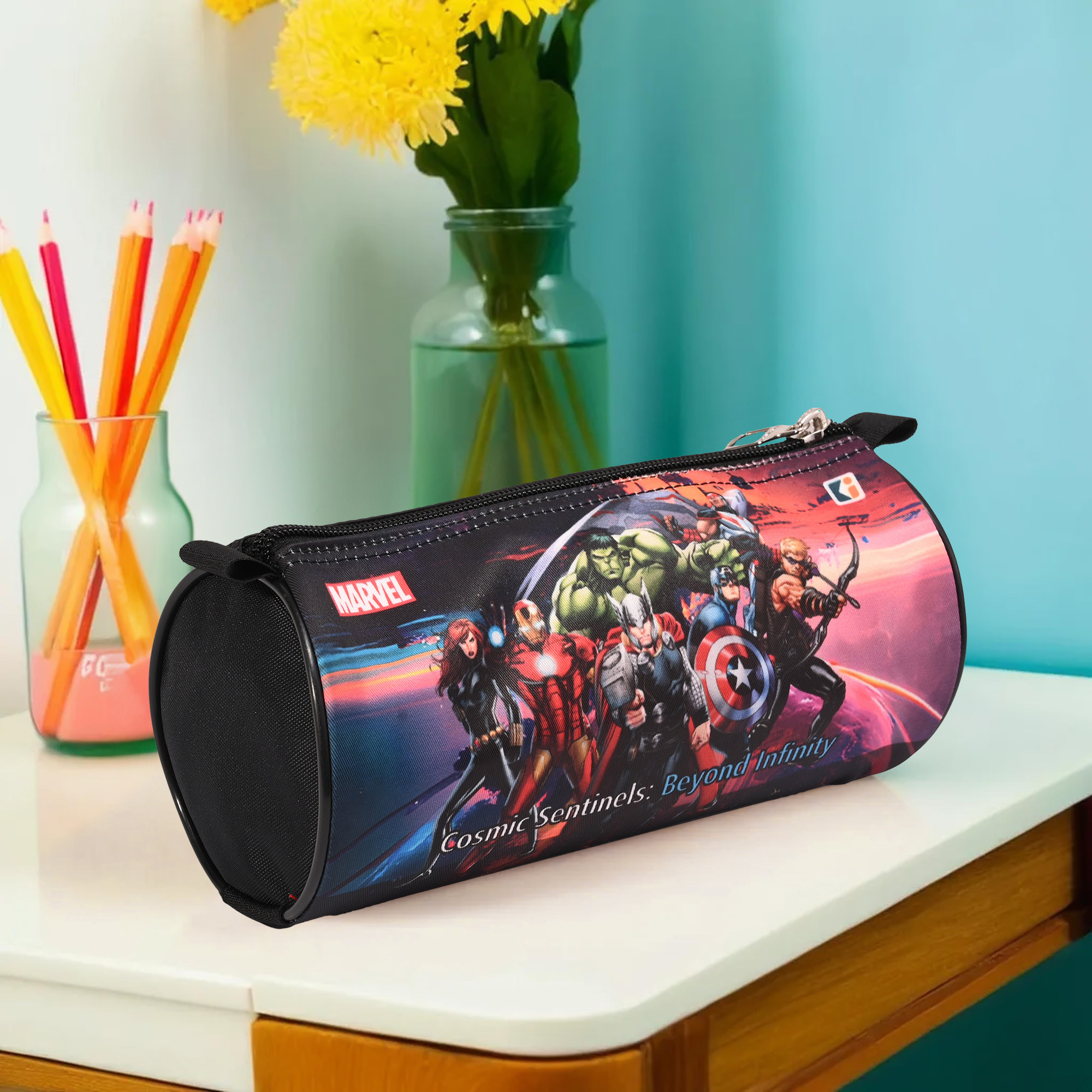 Kuber Industries Round Pencil Pouch  Marvel Avengers Pencil Pouch for Kids  Multi-Purpose Travel Pouch  Stationary Holder  Travel Organizer  Pencil Utility School Pouches  Geometry Box  Black