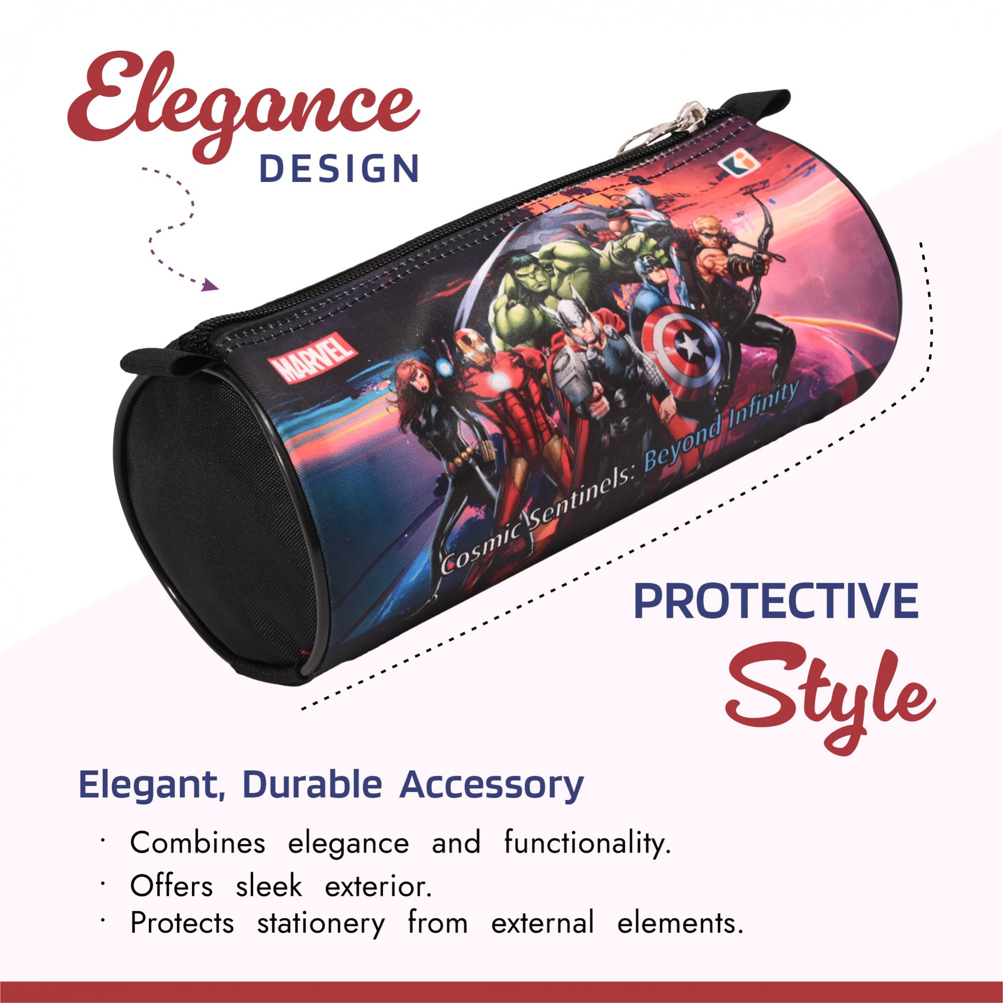 Kuber Industries Round Pencil Pouch  Marvel Avengers Pencil Pouch for Kids  Multi-Purpose Travel Pouch  Stationary Holder  Travel Organizer  Pencil Utility School Pouches  Geometry Box  Black