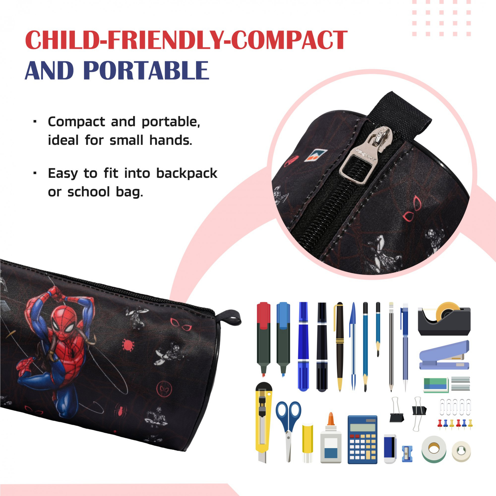 Kuber Industries Round Pencil Pouch  Marvel Spiderman Pencil Pouch for Kids  Multi-Purpose Travel Pouch  Stationary Holder  Pencil Utility School Pouches  Geometry Box  Black