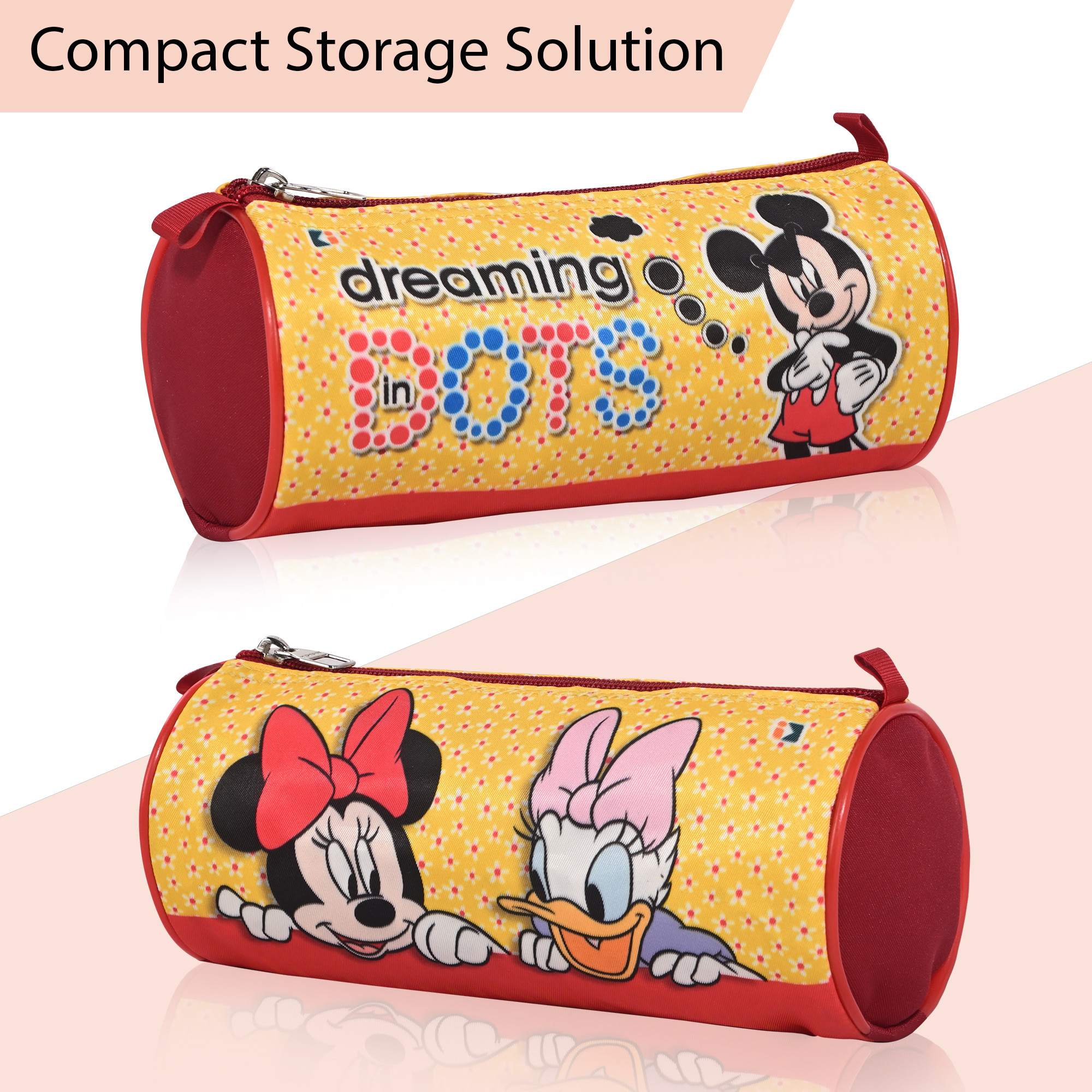 Kuber Industries Round Pencil Pouch For Kids  Multipurpose  Easy-To-Carry Pen  Markers School Supply Organizer For Stationary  Dots Micky Print - Yellow