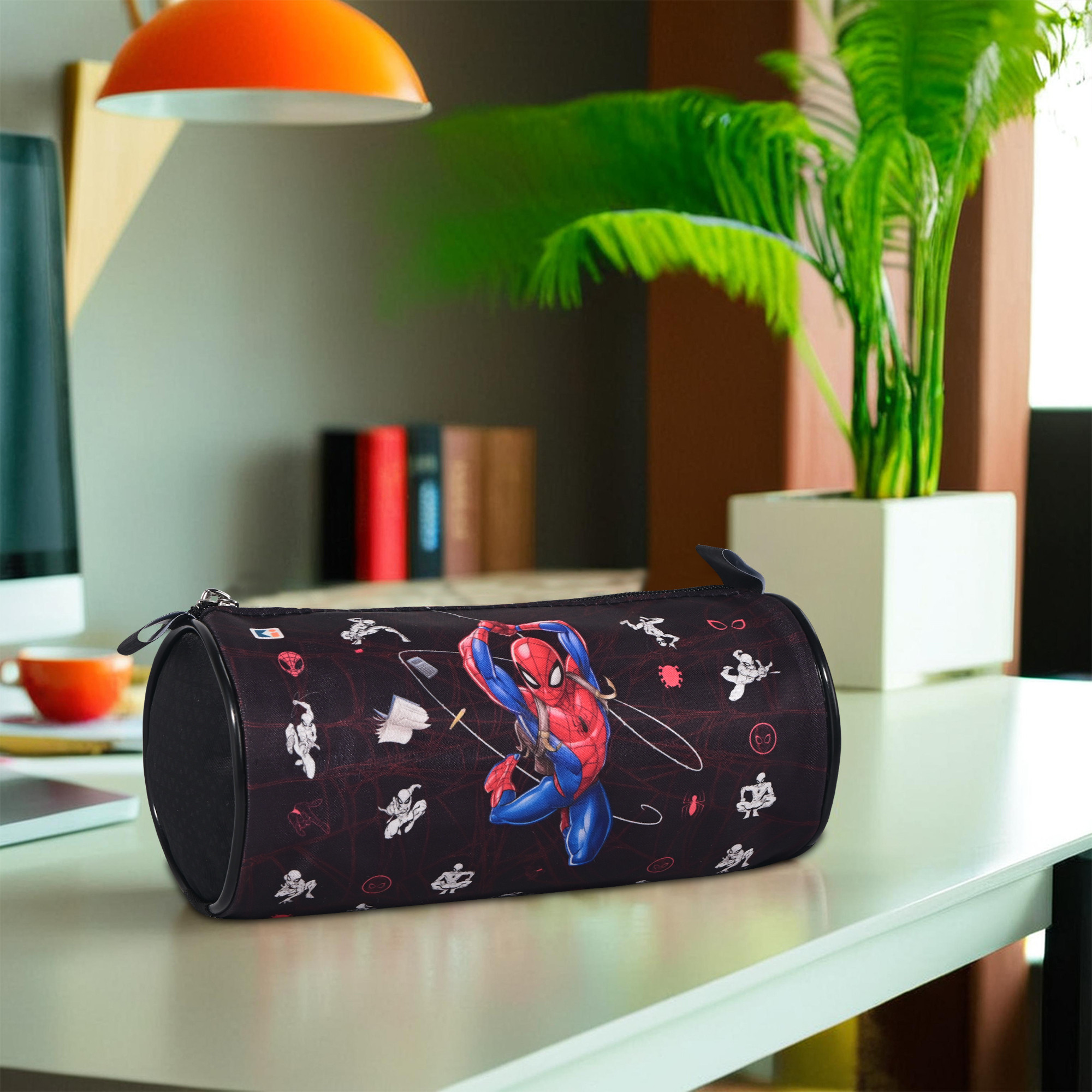 Kuber Industries Round Pencil Pouch For Kids  Multipurpose  Easy-To-Carry Pen  Markers School Supply Organizer For Stationary  Marvel Spiderman - Black