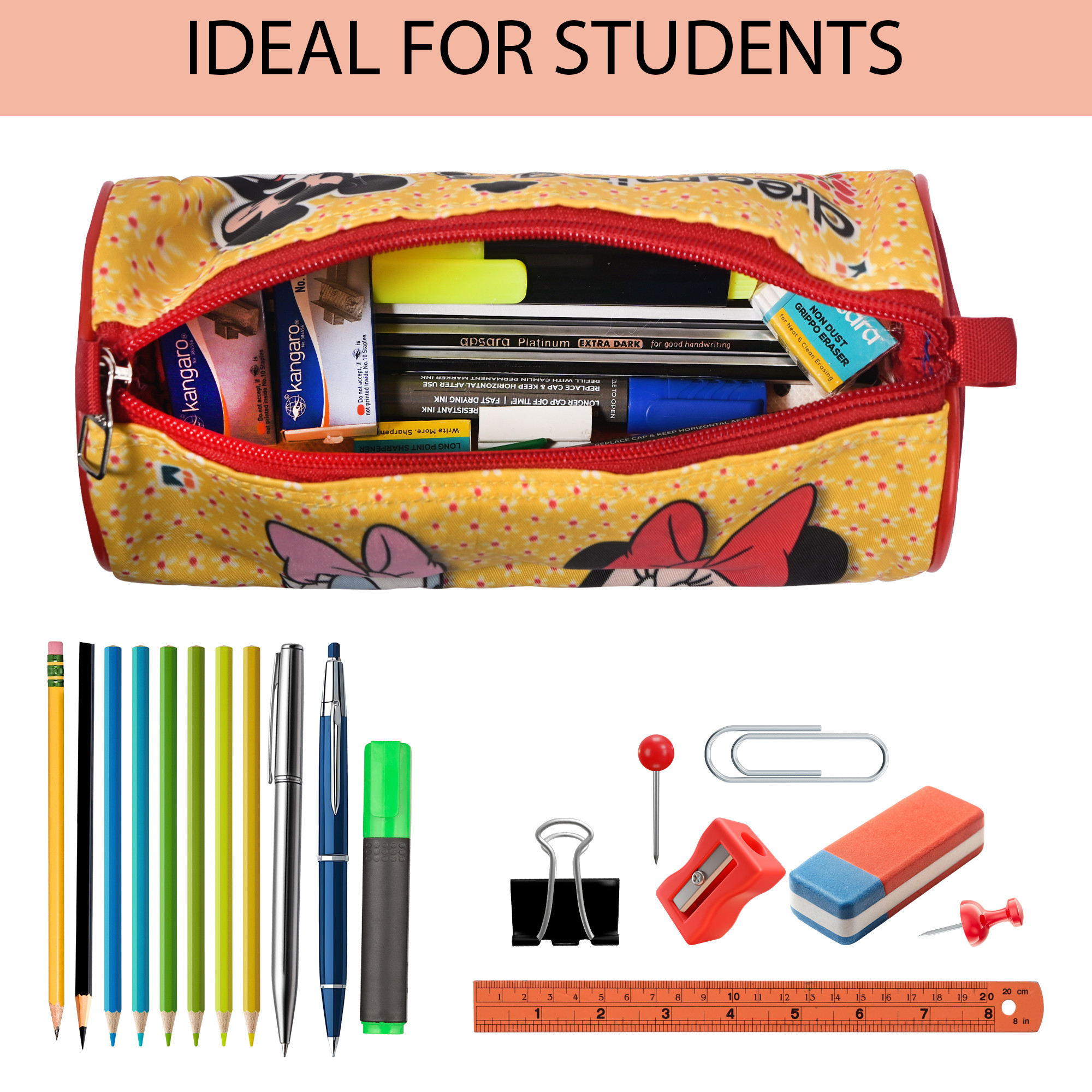Kuber Industries Round Pencil Pouch For Kids  Multipurpose  Easy-To-Carry Pen  Markers School Supply Organizer For Stationary  Dots Micky Print - Yellow